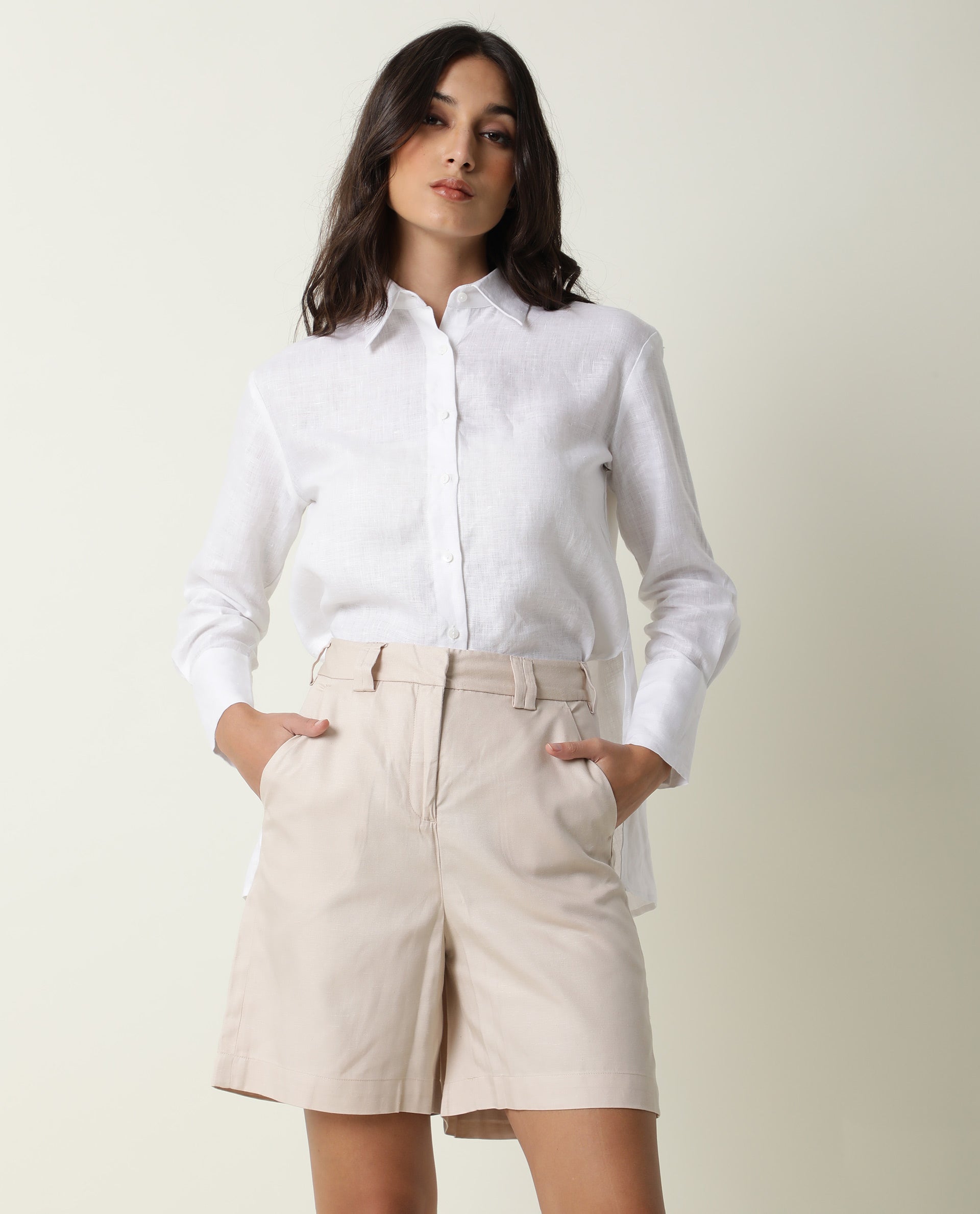 Rareism Women Lamar Beige Cotton Fabric Relaxed Fit Solid High Rise Shorts