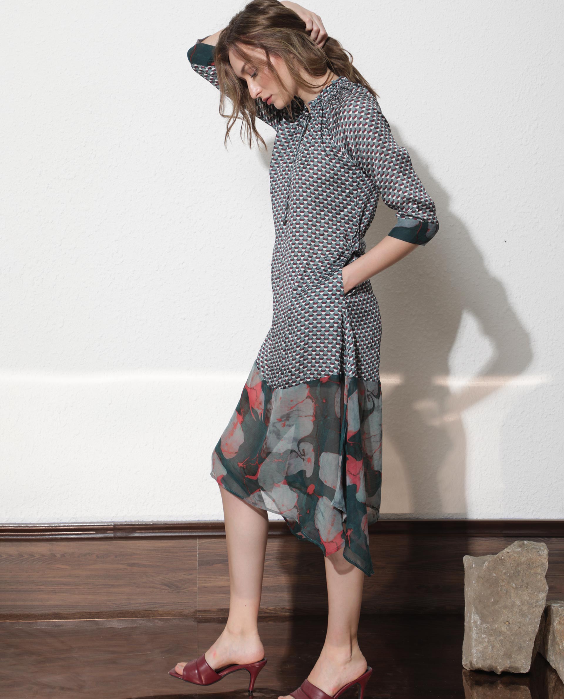 Rareism Women Nadia Multi Shirt Collar Half Sleeves Front Button Placket And Tie Up Midi Dress