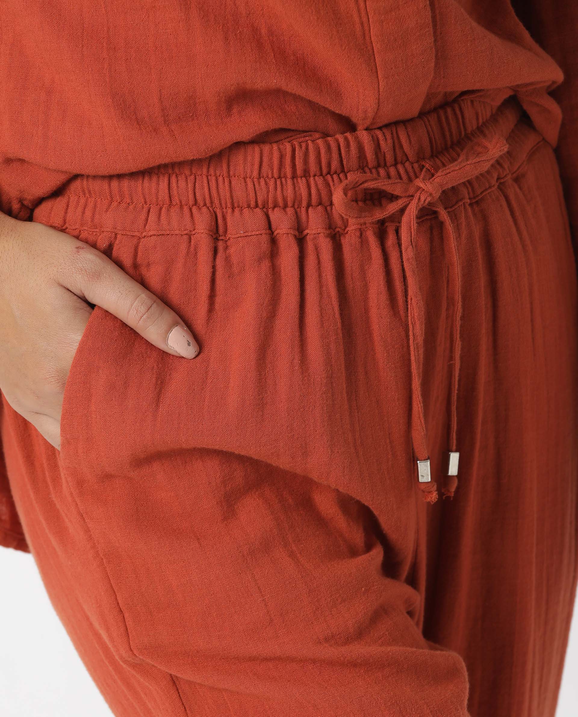 Rareism Women Elo Dark Rust Cotton Fabric Regular Fit Mid Rise Solid Ankle Length Trousers