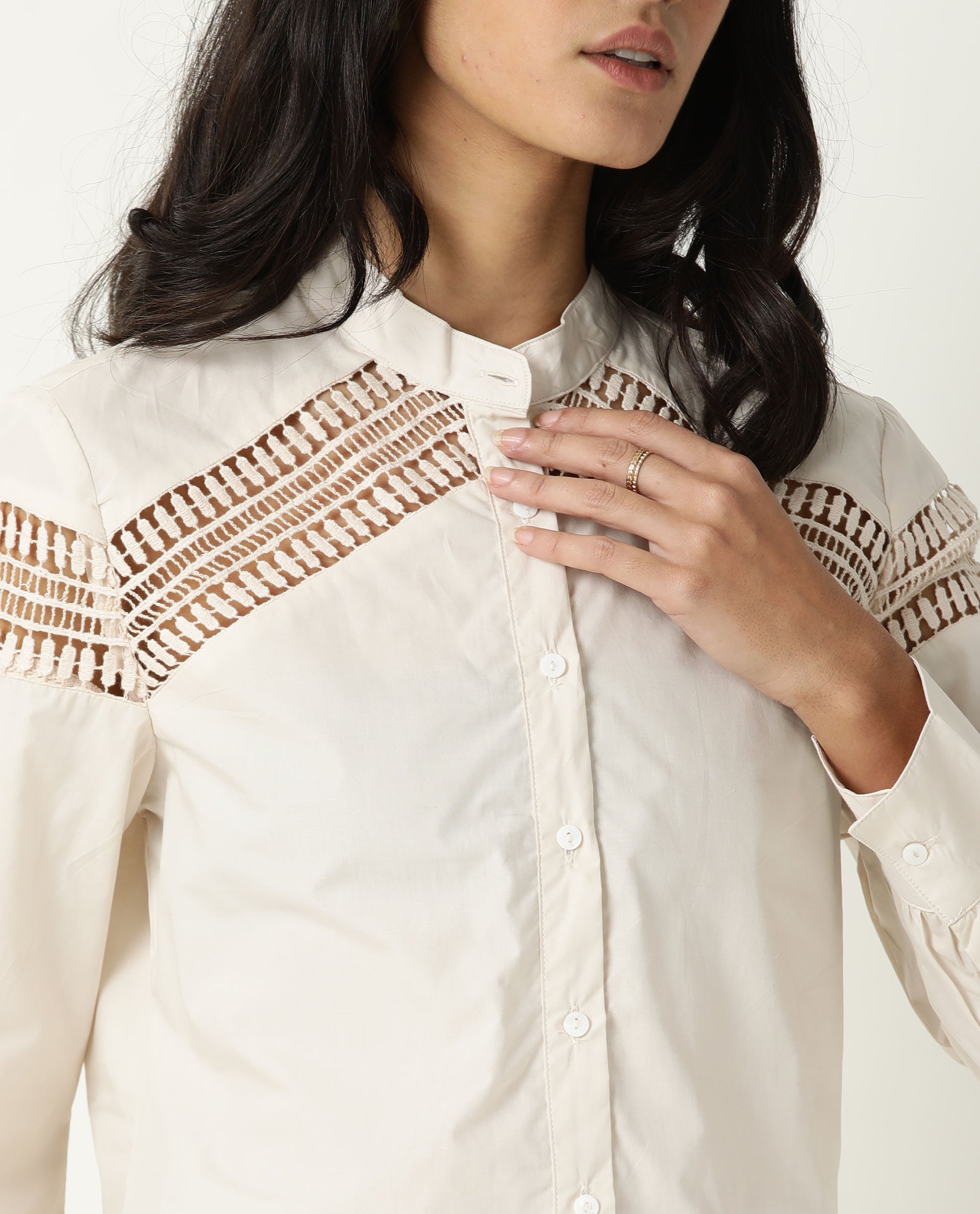 Rareism Women Zoom Pastel Beige Cotton Fabric Regular Fit Mandarin Collar Full Sleeves Solid Top