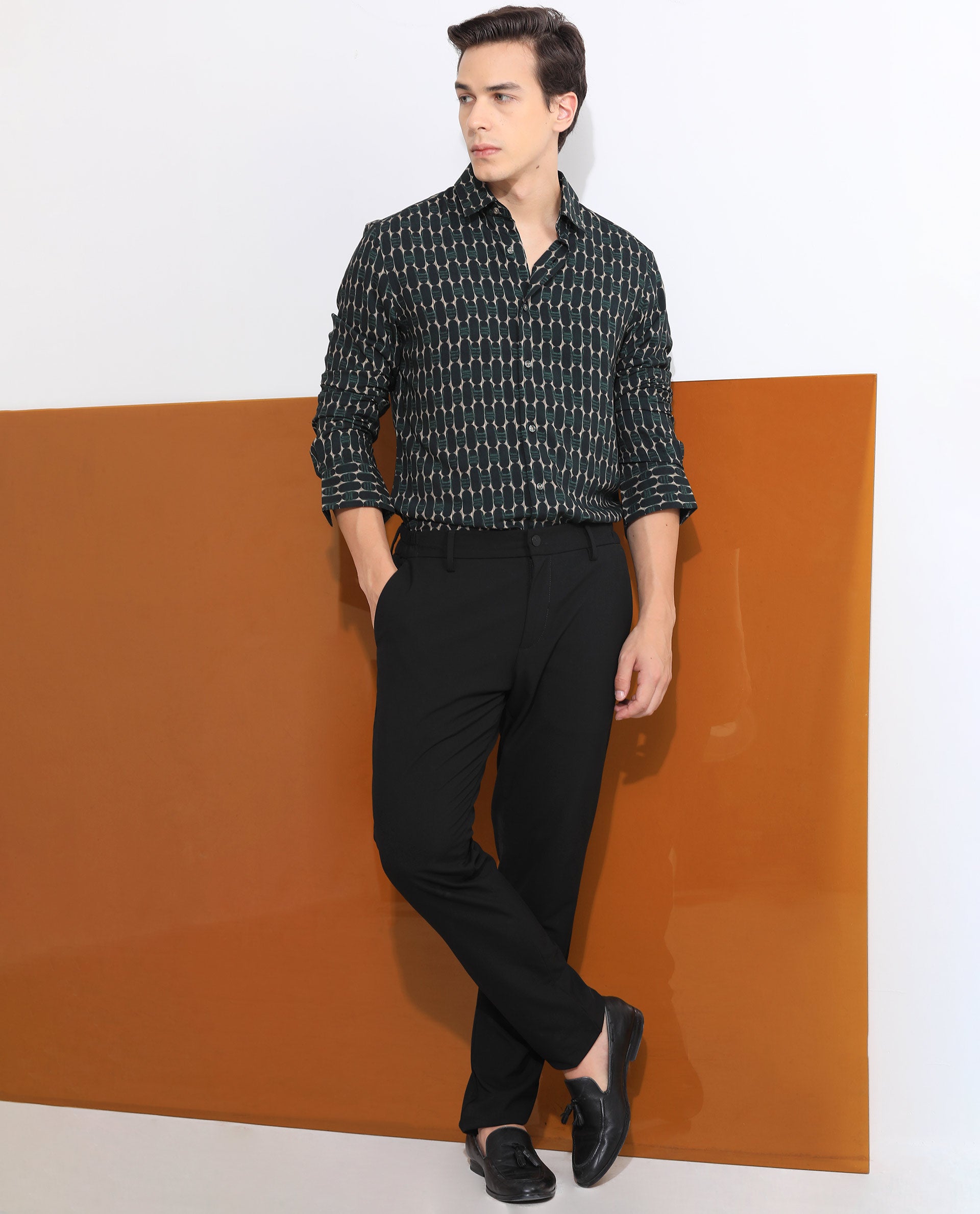 Rare Rabbit Mens Oliver Green Viscose Fabric Full Sleeves Slim Fit Geometric Print Shirt