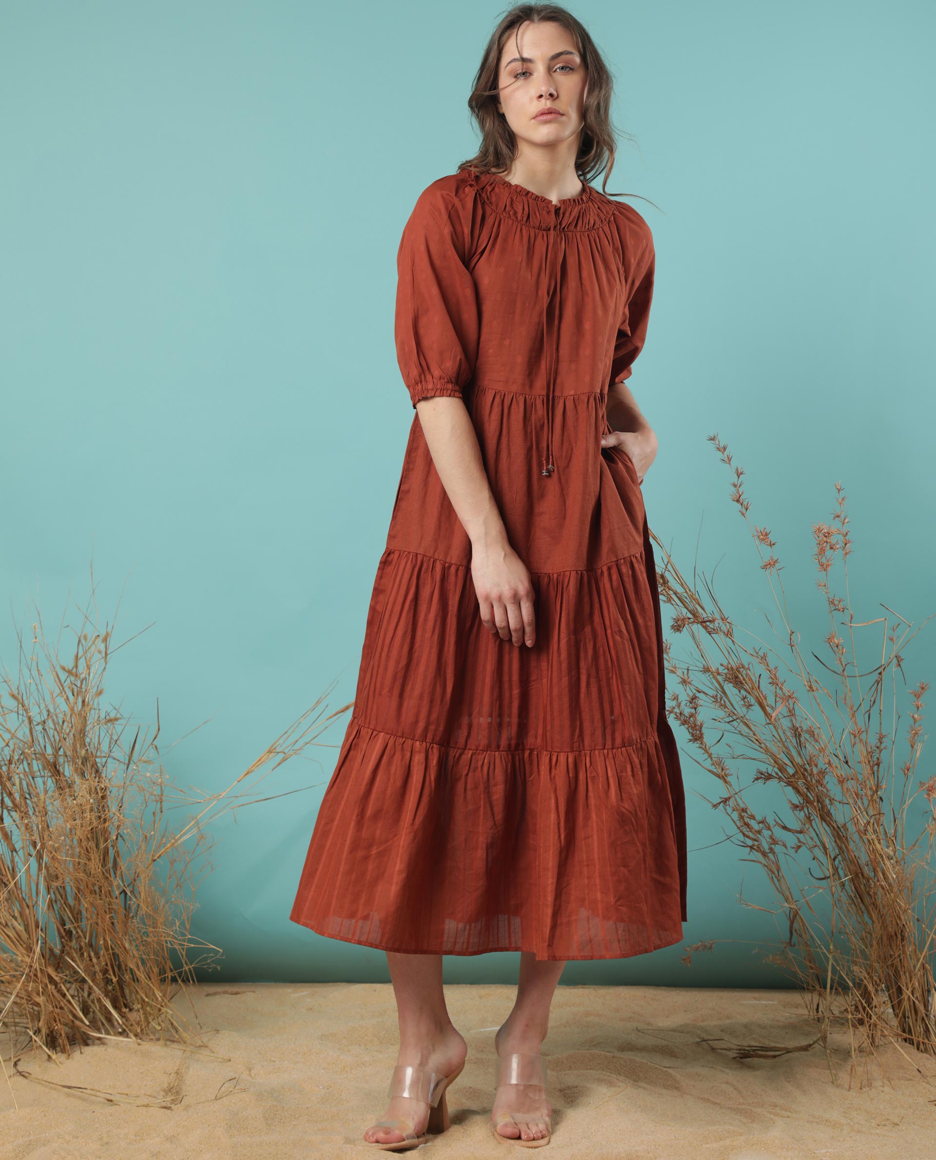 Rareism Women Myle Brown Gathered Neck With Front Tie Up Puff Sleeves And Pockets Tiered Maxi Dress