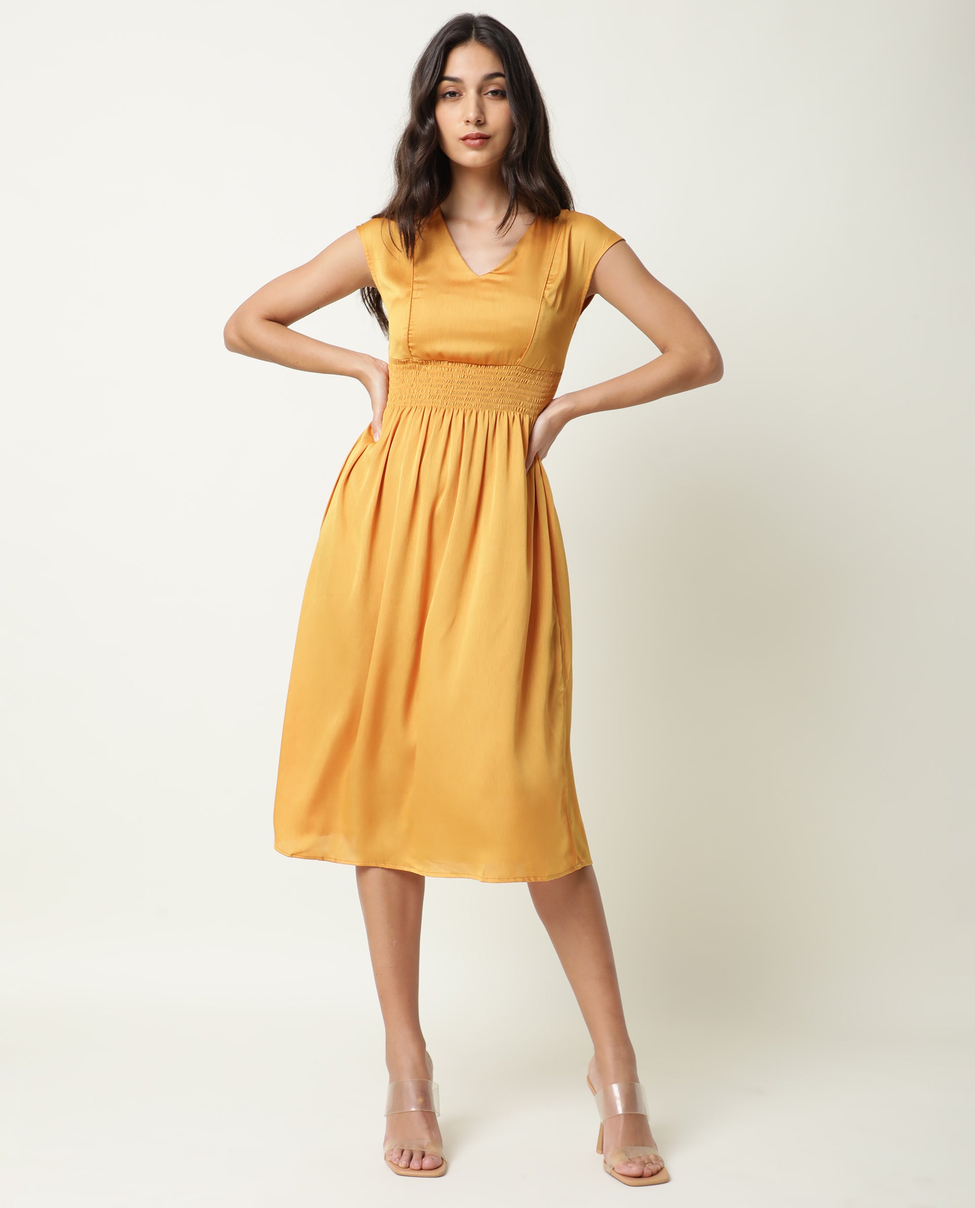 Rareism Women Milux Mustard V Neck Calf Sleeves Smocked Elastic Waist Belt Knee Length Dress