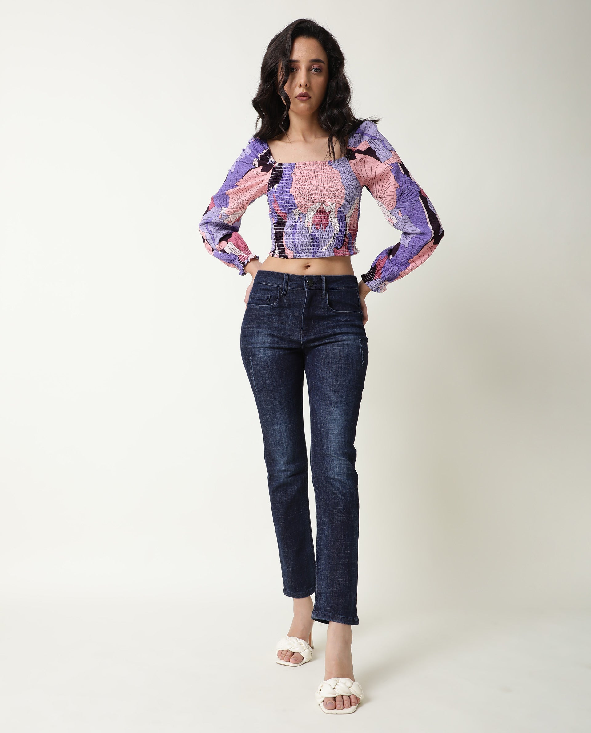 Rareism Womens Kohl Multi Top Polycotton Fabric Full Sleeve Square Neck