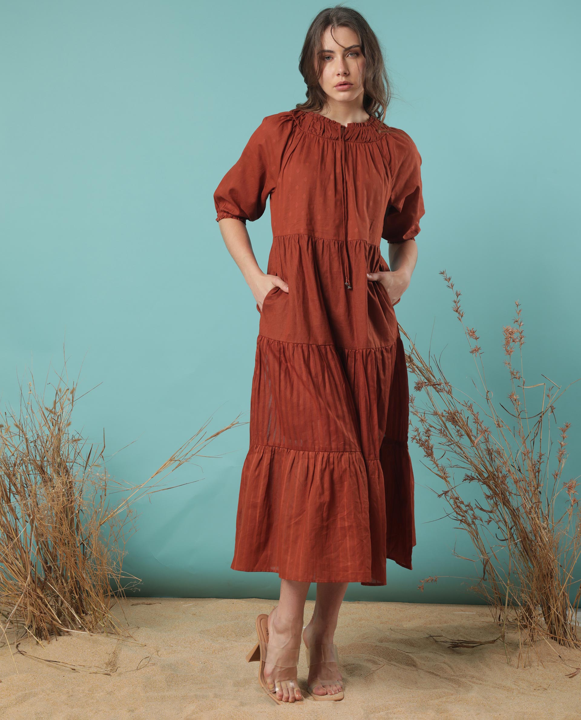 Rareism Women Myle Brown Gathered Neck With Front Tie Up Puff Sleeves And Pockets Tiered Maxi Dress