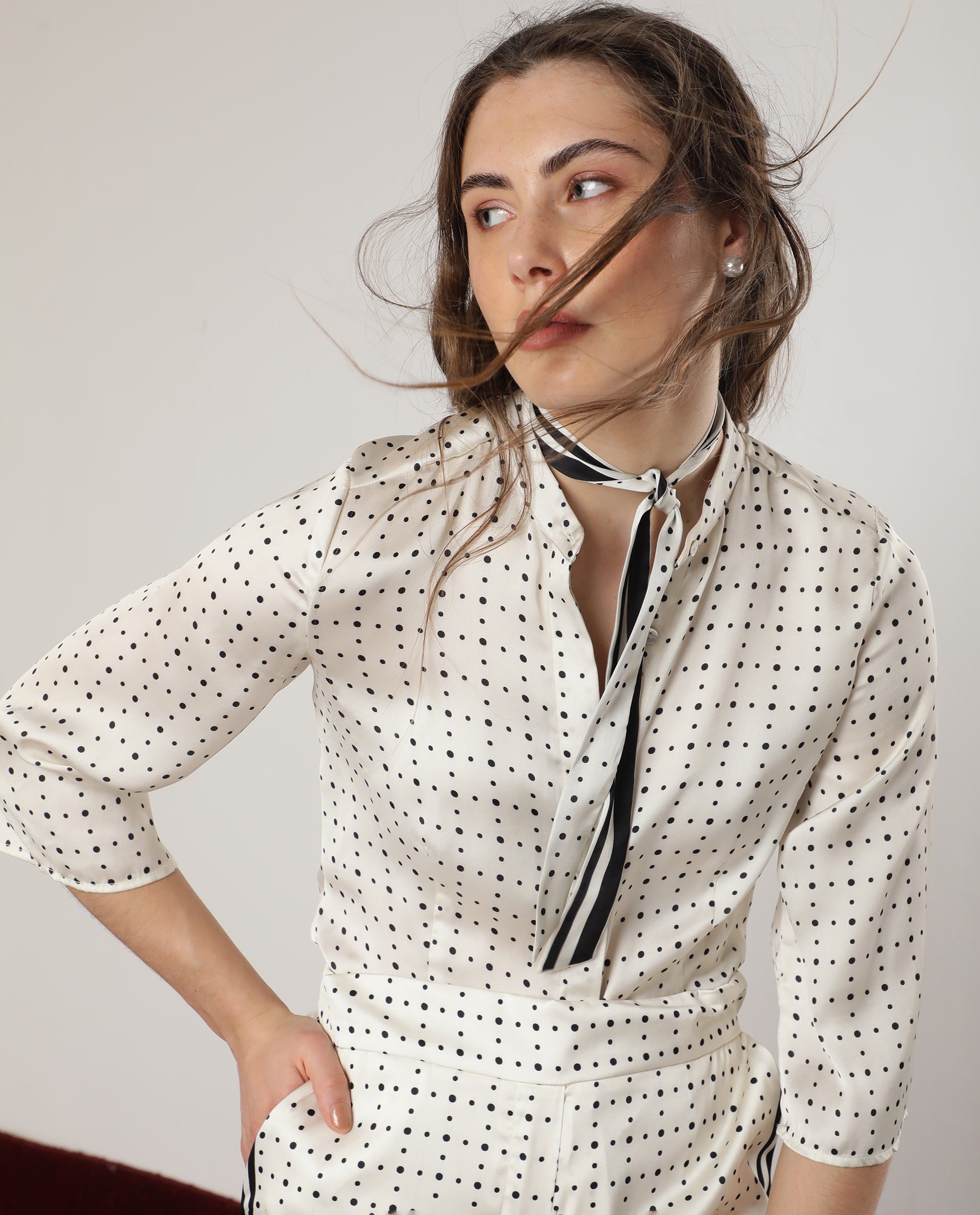 Rareism Women Zanax Beige Polyester Fabric Regular Fit Mandarin Collar 3/4Th Sleeves Polka Top