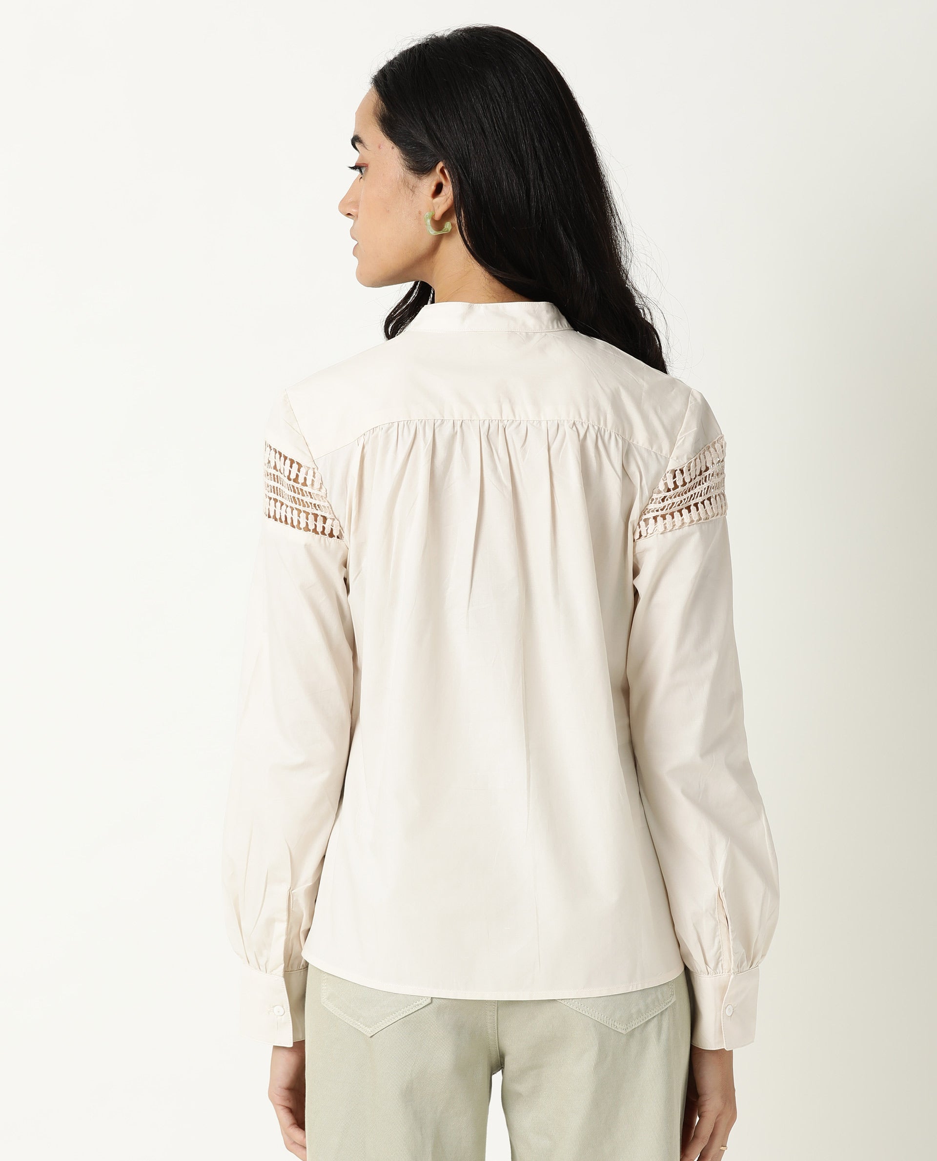 Rareism Women Zoom Pastel Beige Cotton Fabric Regular Fit Mandarin Collar Full Sleeves Solid Top