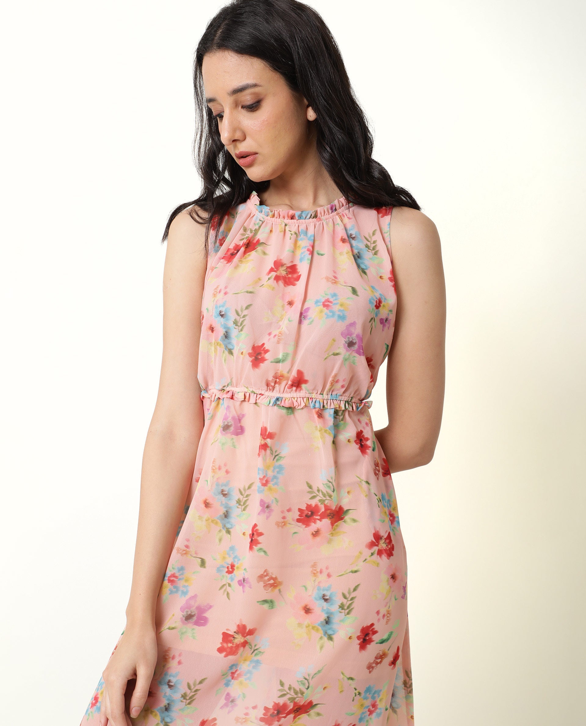 Rareism Women Sack Peach Floral Print Ruffled Round Neck And Waist Sleeveless Midi Dress