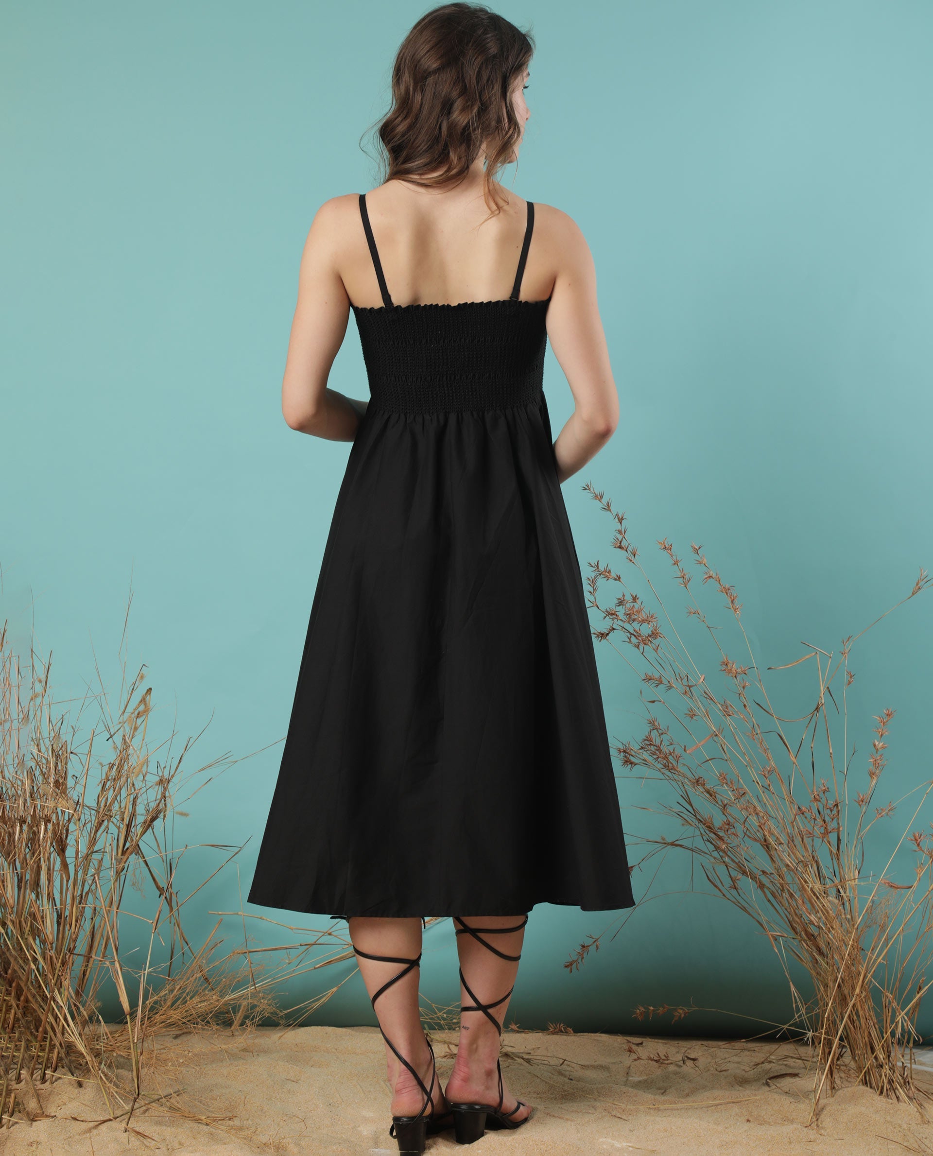 Rareism Women Zozo Black Off Shoulder With Detachable Shoulder Straps And Pockets Smocked Midi Dress