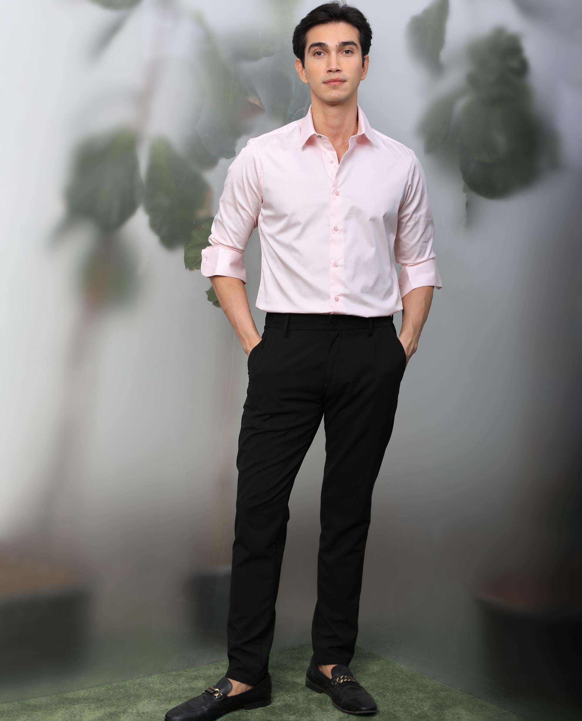 Rare Rabbit Mens Melton Pink Cotton Lycra Fabric Full Sleeves Tailored Fit Solid Shirt