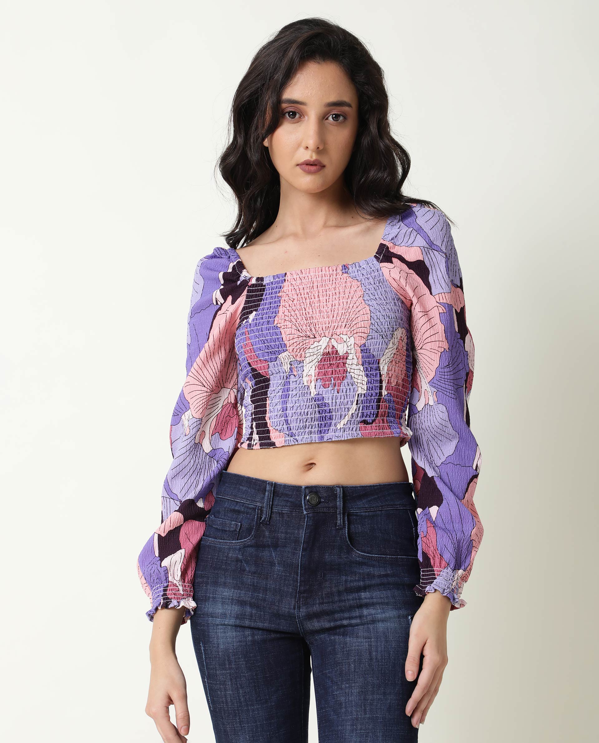 Rareism Womens Kohl Multi Top Polycotton Fabric Full Sleeve Square Neck