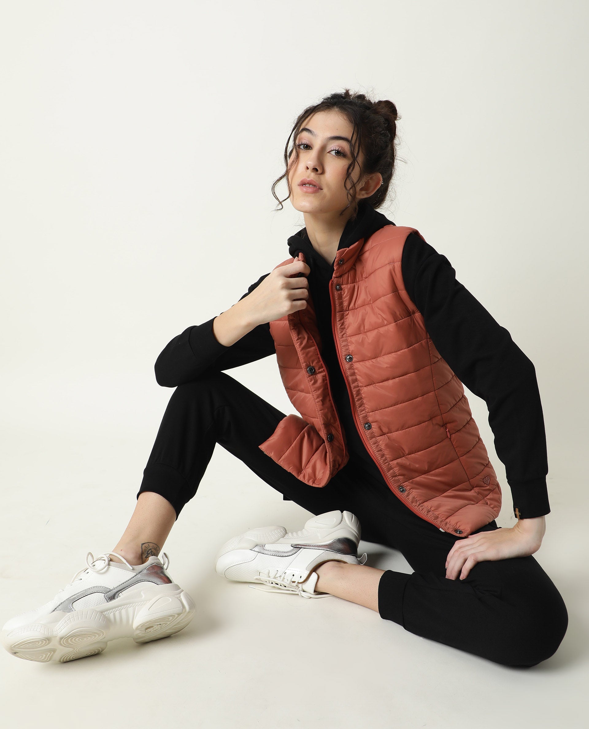 Rareism Women Trunk Dark Rust Sleeveless Solid Hooded Jacket