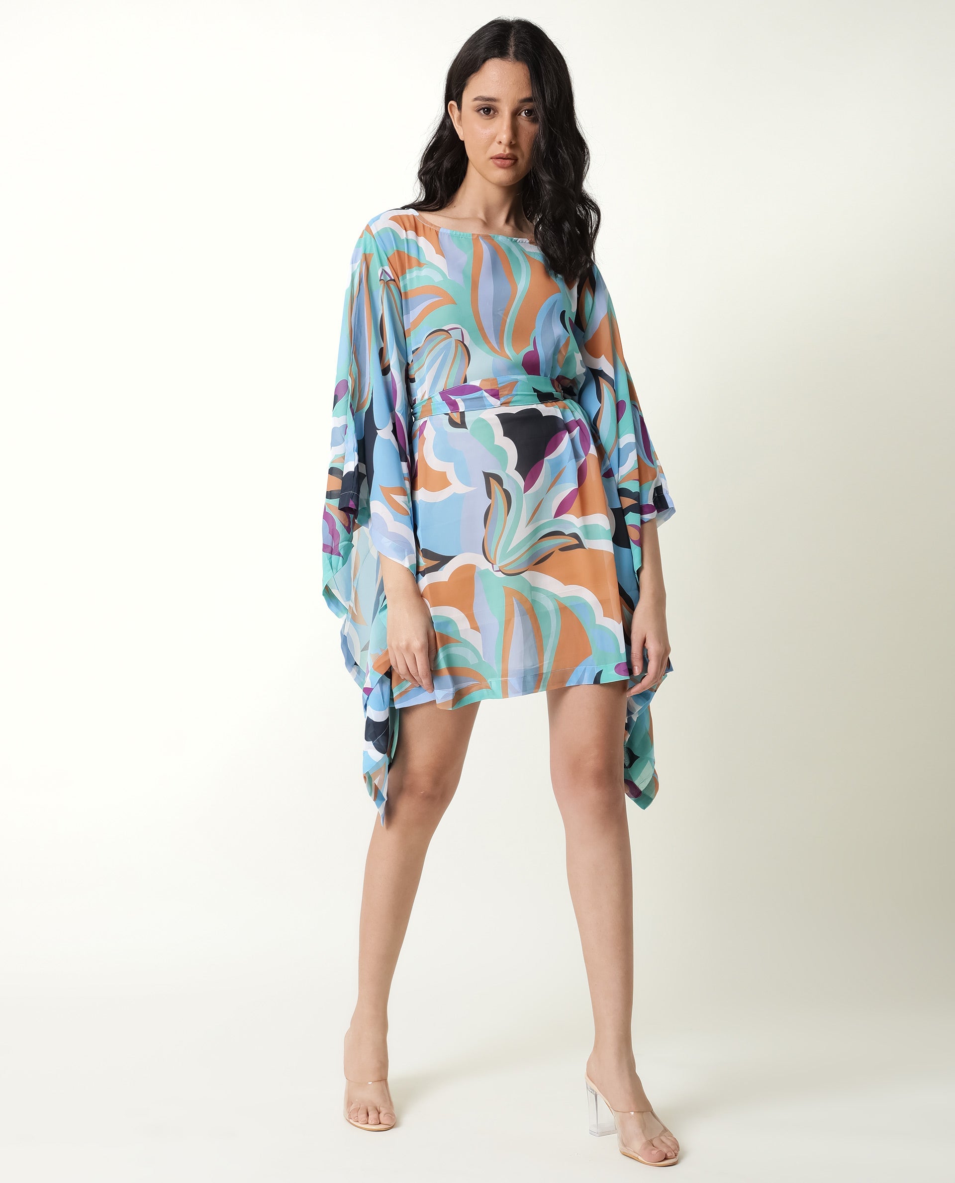 Rareism Women Meevio Multi Abstract Print Boat Neck Flared Sleeves Mini Dress