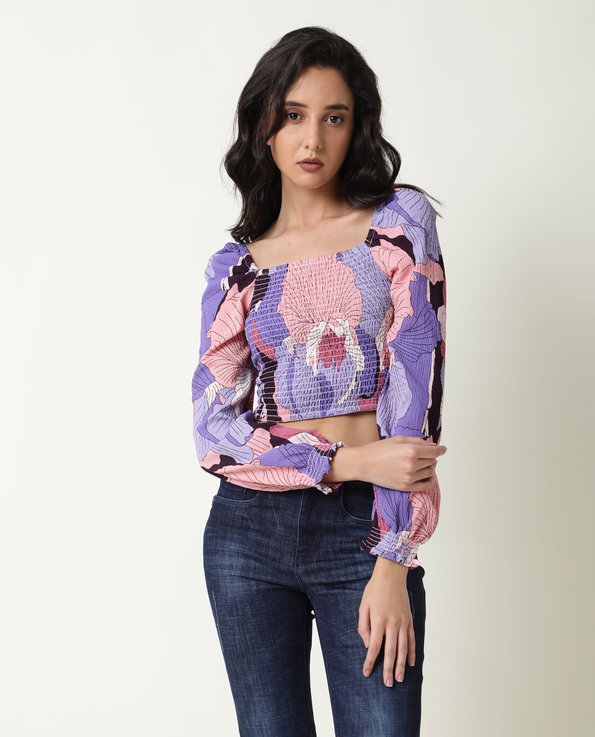 Rareism Womens Kohl Multi Top Polycotton Fabric Full Sleeve Square Neck