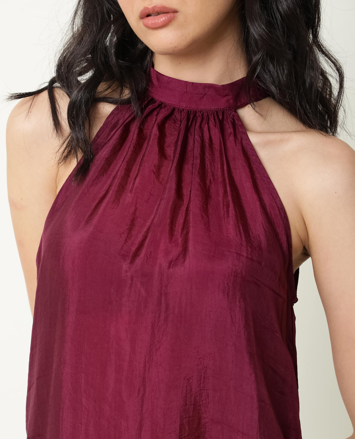 Rareism Womens Sahano Maroon Top Poly Viscose Fabric Sleeveless Halter Neck