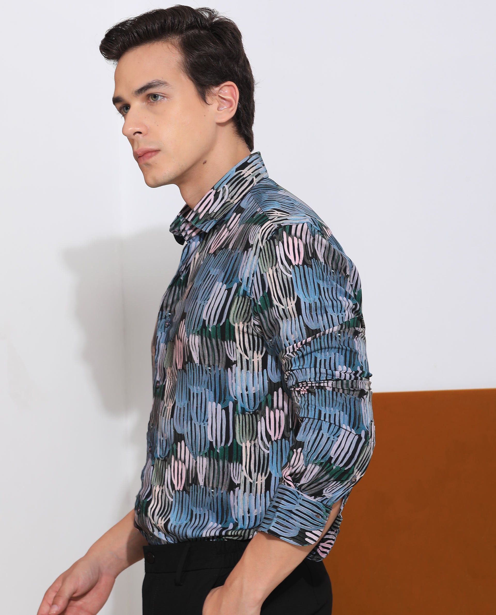 Rare Rabbit Men's Alvin Black Viscose Fabric Full Sleeves Abstract Print Regular Fit Shirt