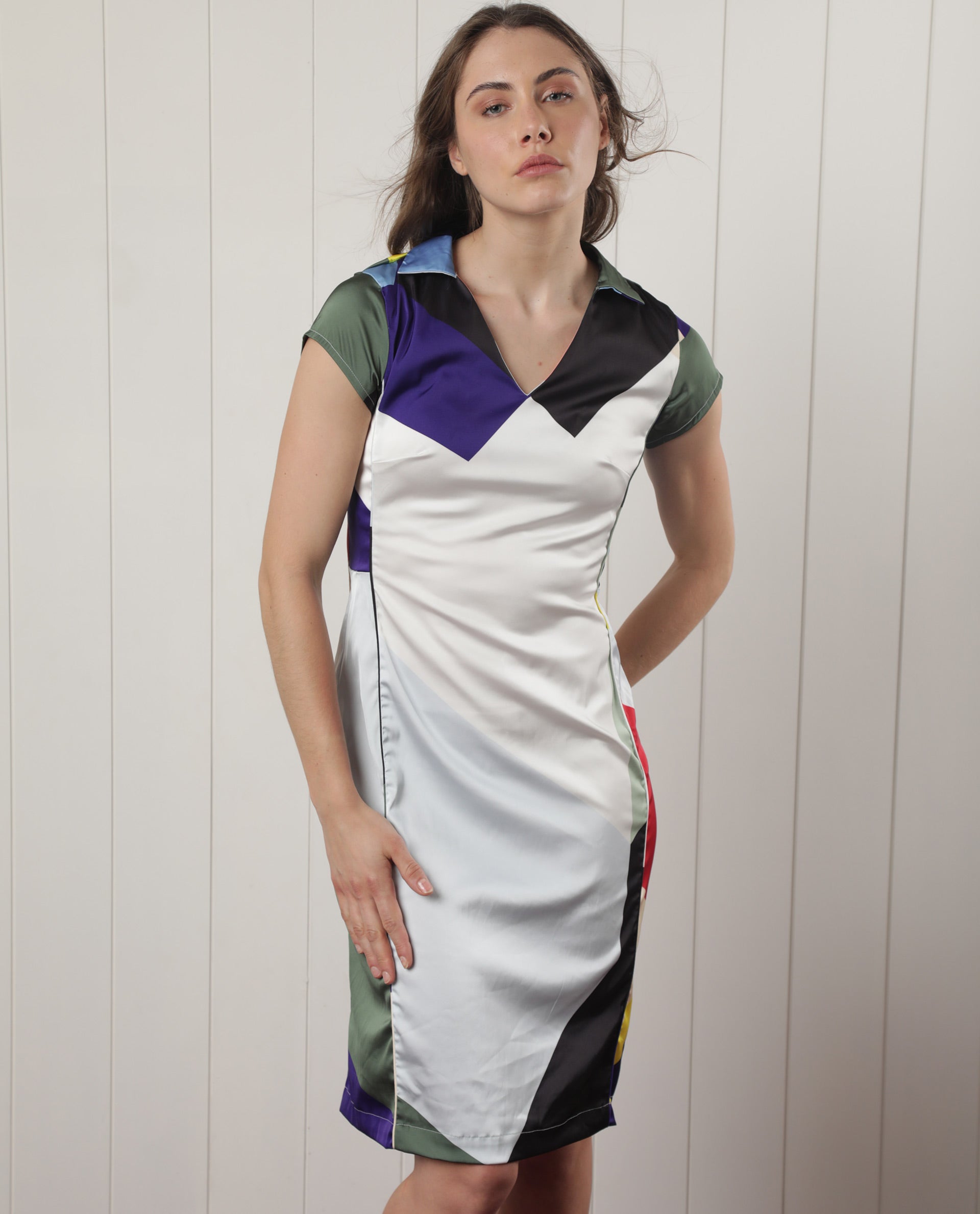 Rareism Women Brave Multi Polyester Fabric Short Sleeves V-Neck Regular Fit Geometric Print Knee Length Boxy Dress