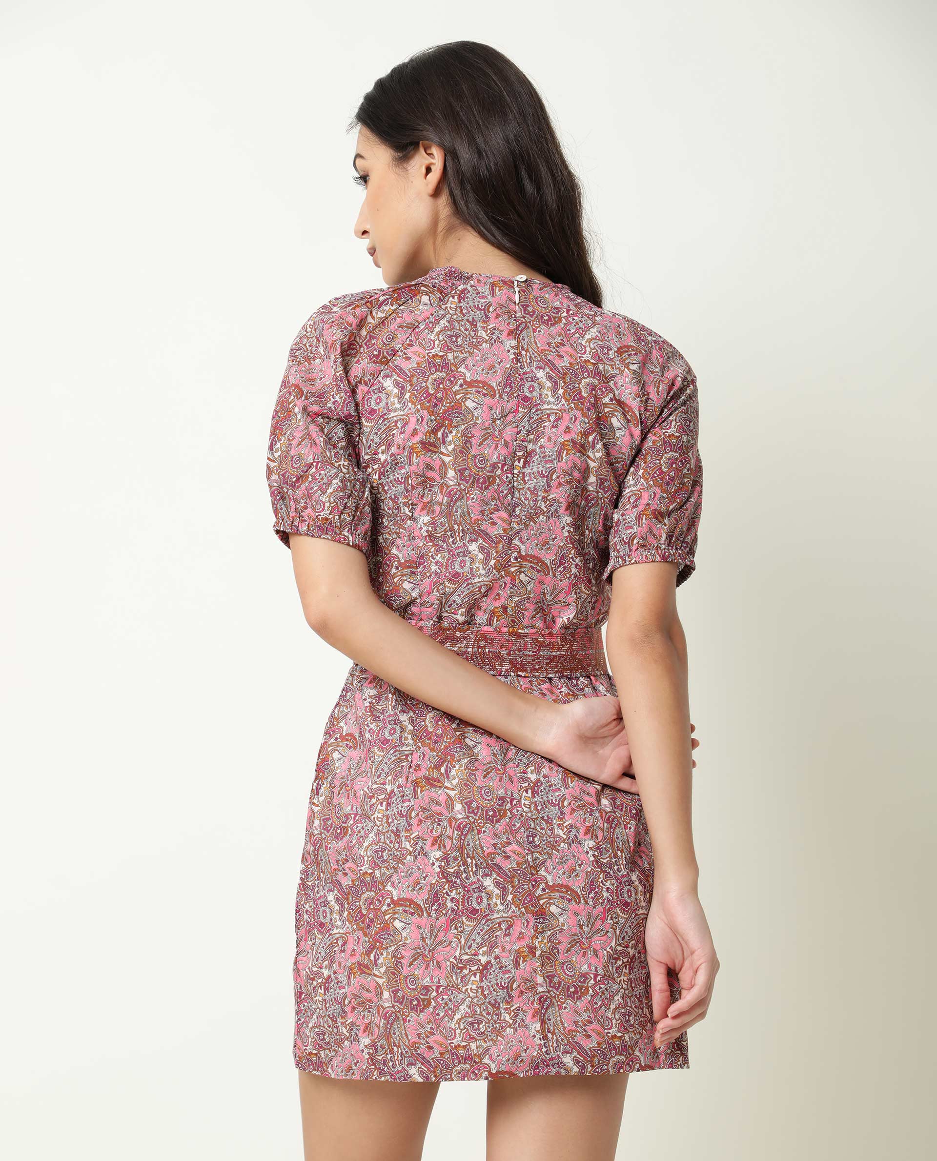 Rareism Women Palesa Pink Paisley Print Closed Round Neck Raglan Puff Sleeves Fabric Waist Belt Mini Dress