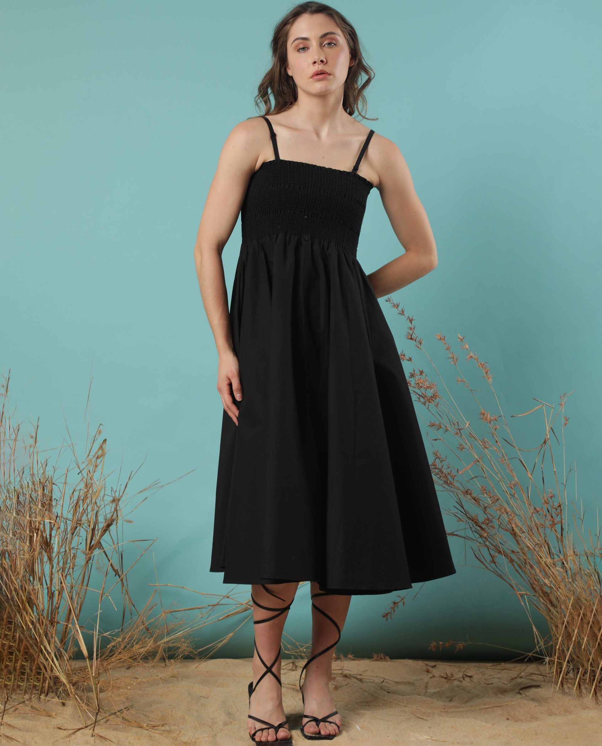 Rareism Women Zozo Black Off Shoulder With Detachable Shoulder Straps And Pockets Smocked Midi Dress