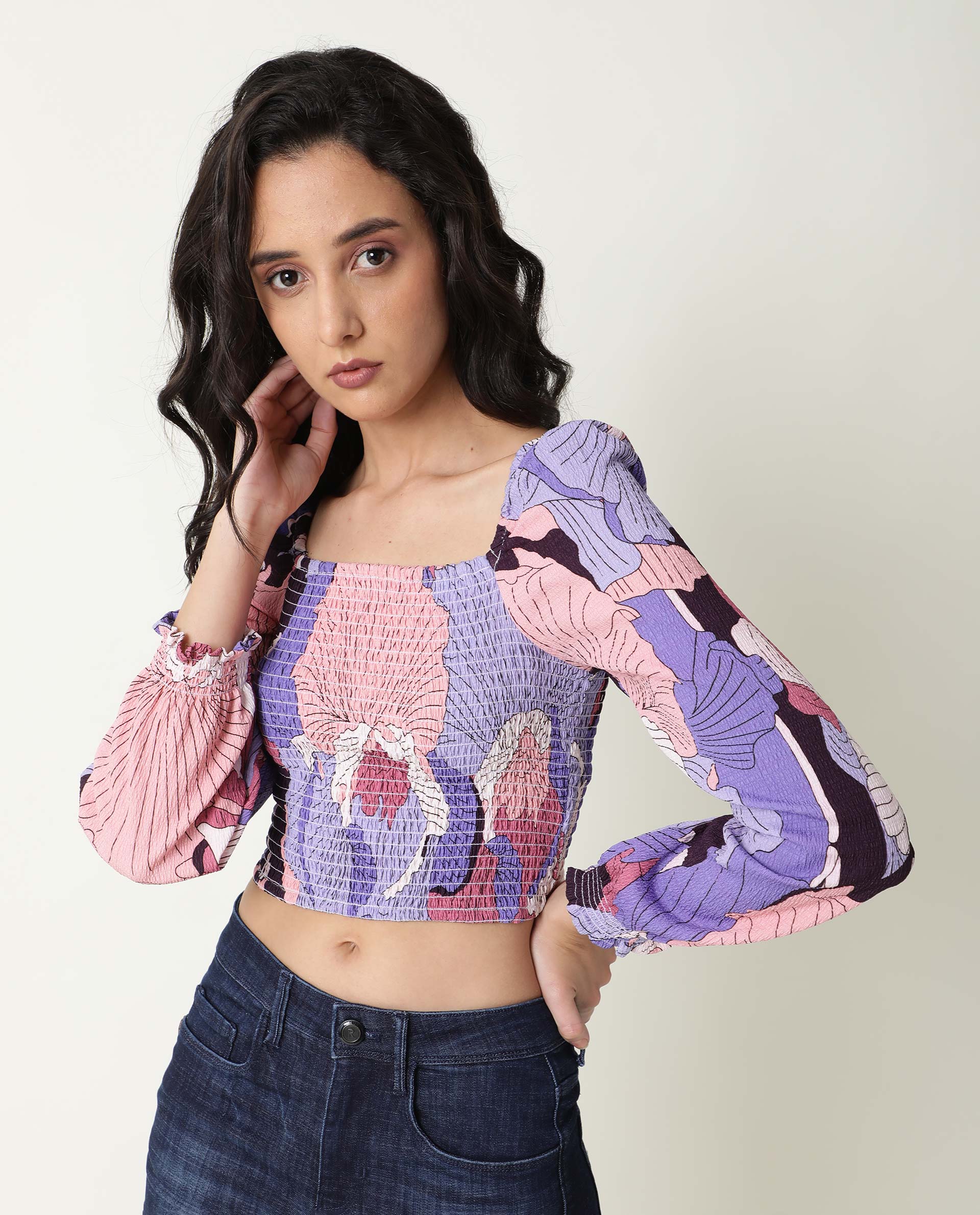 Rareism Womens Kohl Multi Top Polycotton Fabric Full Sleeve Square Neck