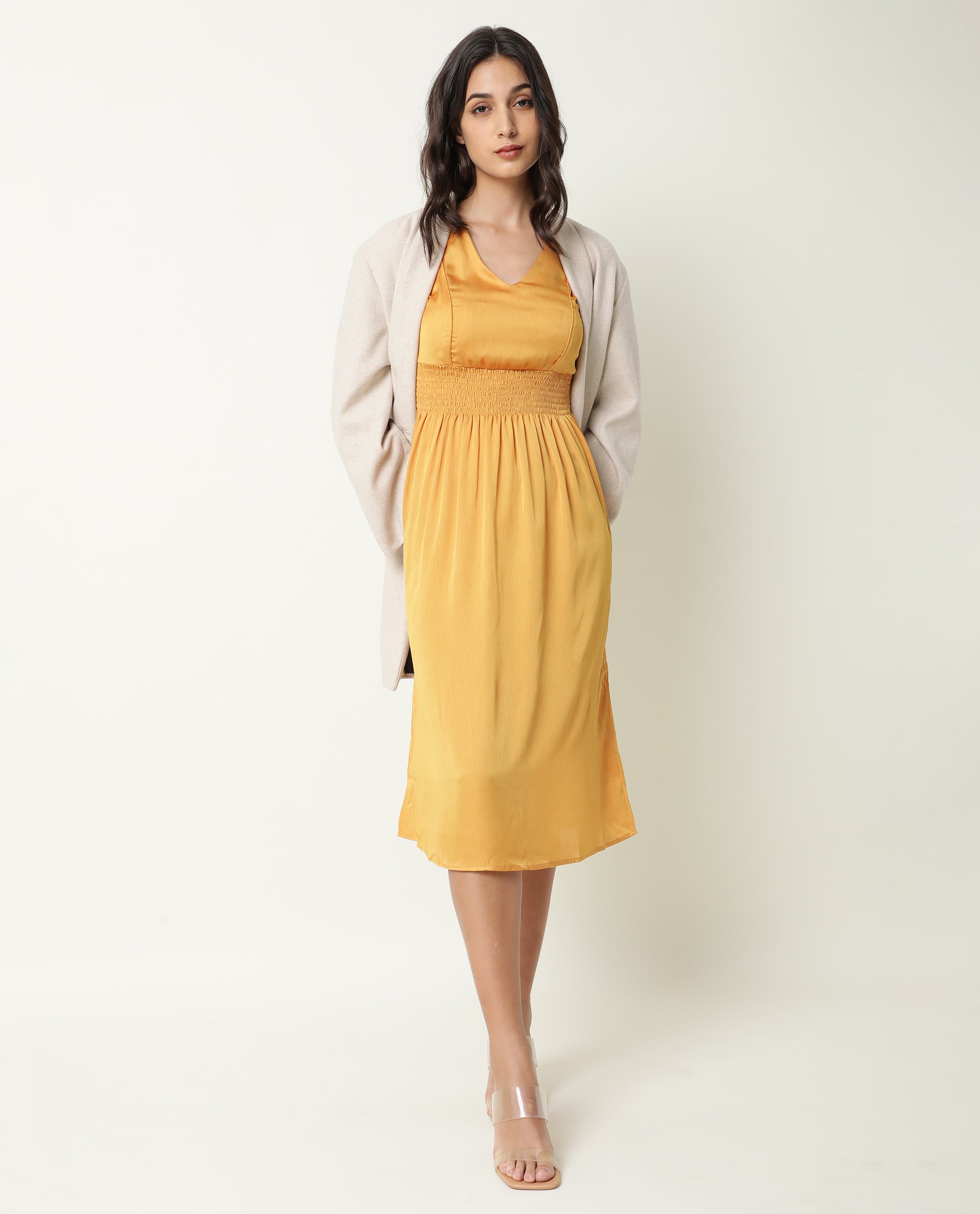 Rareism Women Milux Mustard V Neck Calf Sleeves Smocked Elastic Waist Belt Knee Length Dress