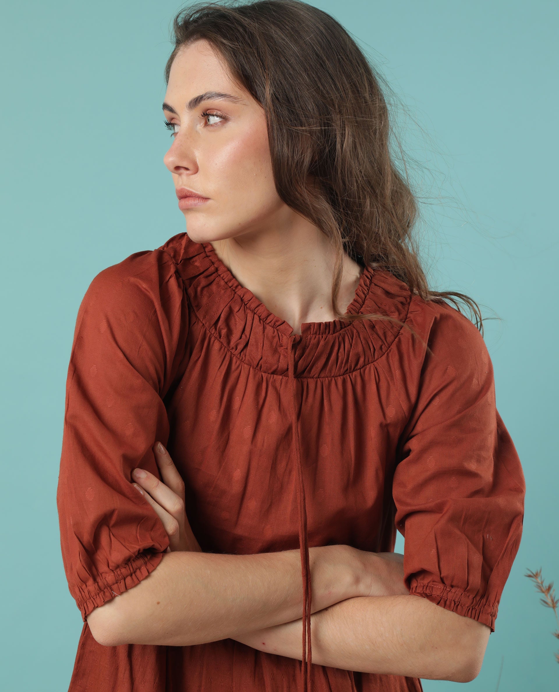 Rareism Women Myle Brown Gathered Neck With Front Tie Up Puff Sleeves And Pockets Tiered Maxi Dress