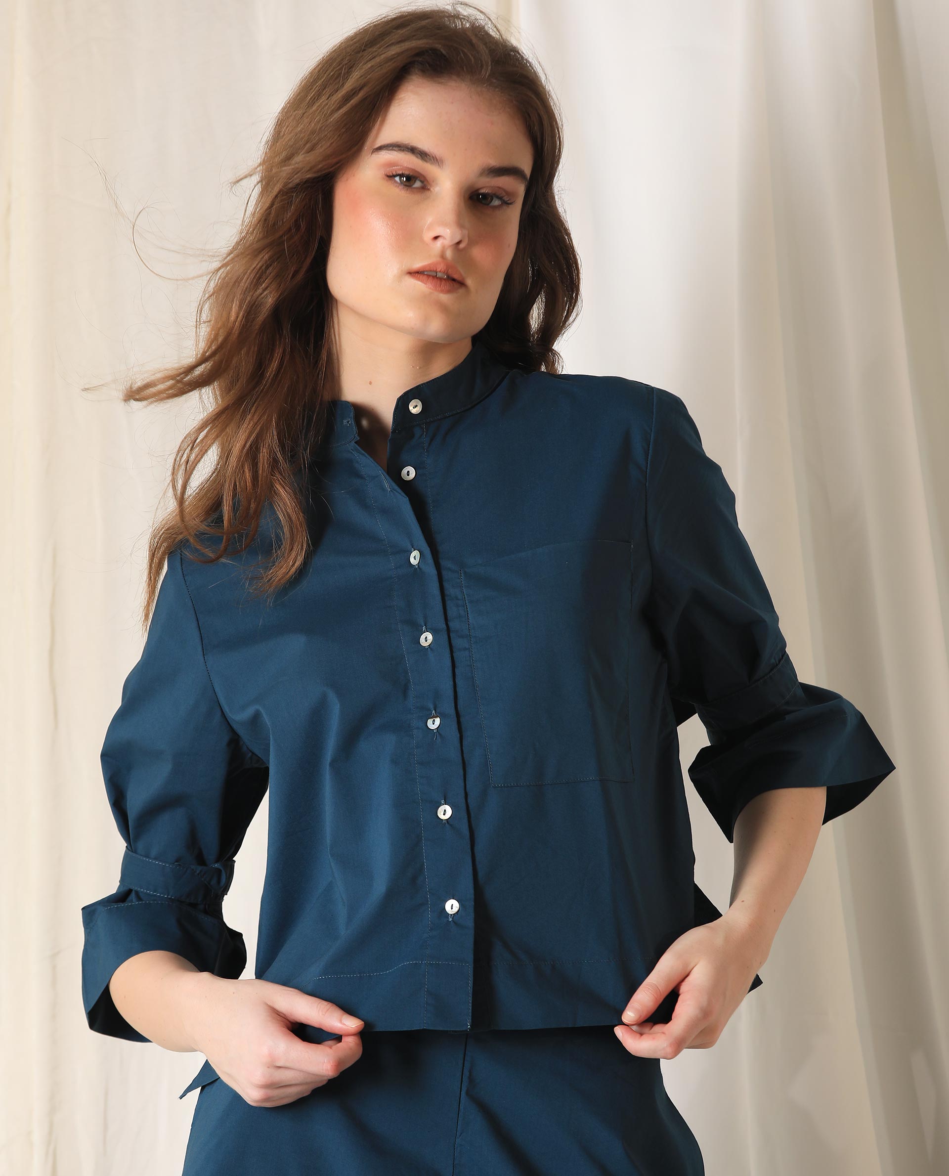 Rareism Womens Sendai Petrol Top Poly Lycra Fabric Regular Fit Half Sleeve Collared Neck