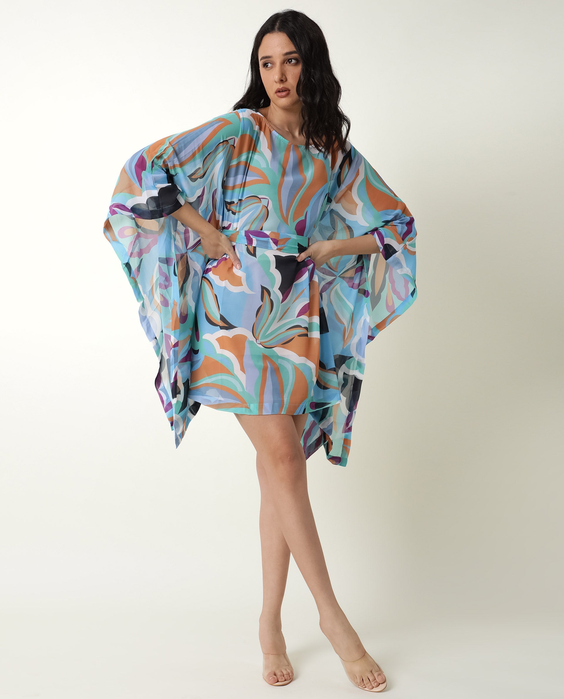 Rareism Women Meevio Multi Abstract Print Boat Neck Flared Sleeves Mini Dress