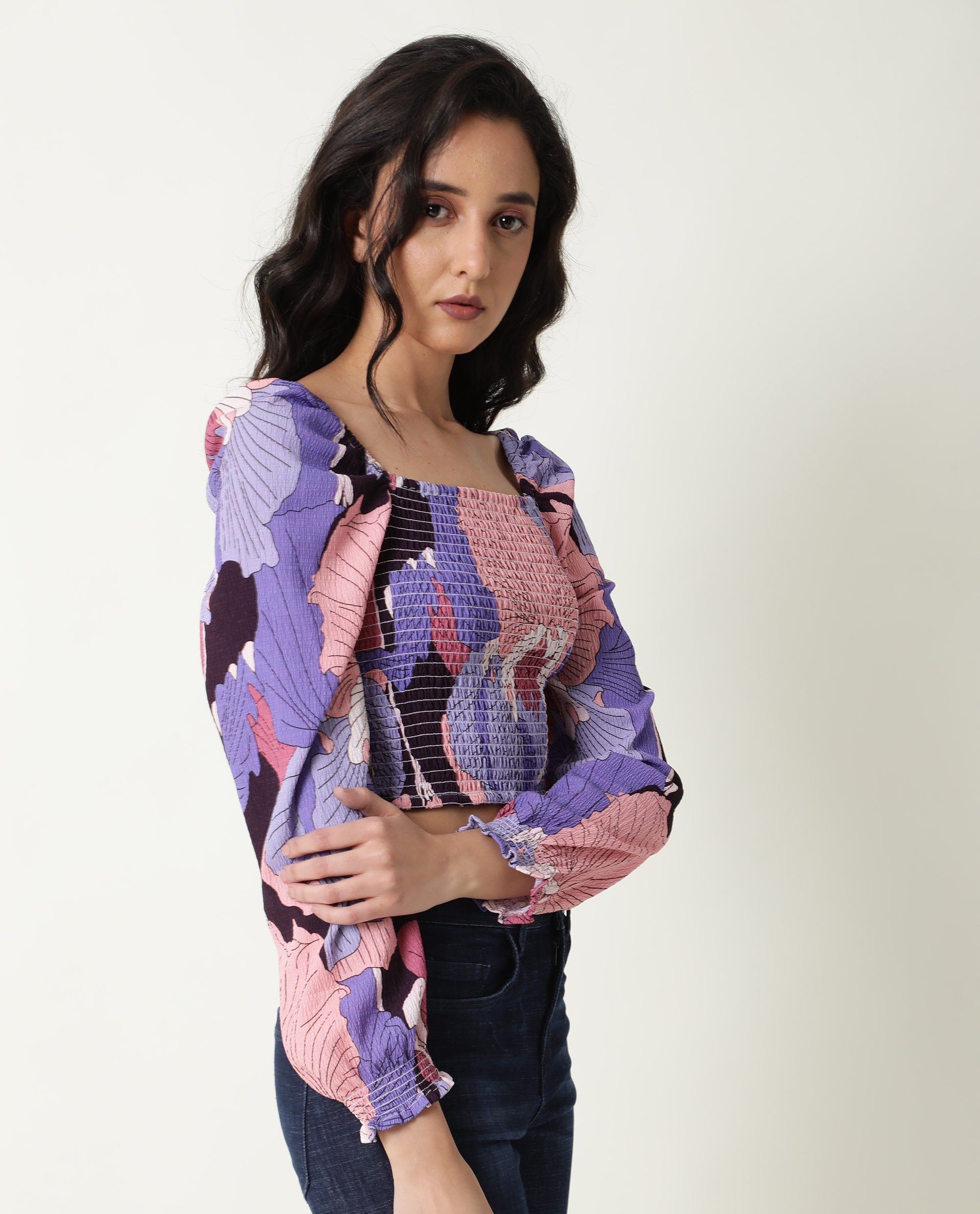 Rareism Womens Kohl Multi Top Polycotton Fabric Full Sleeve Square Neck