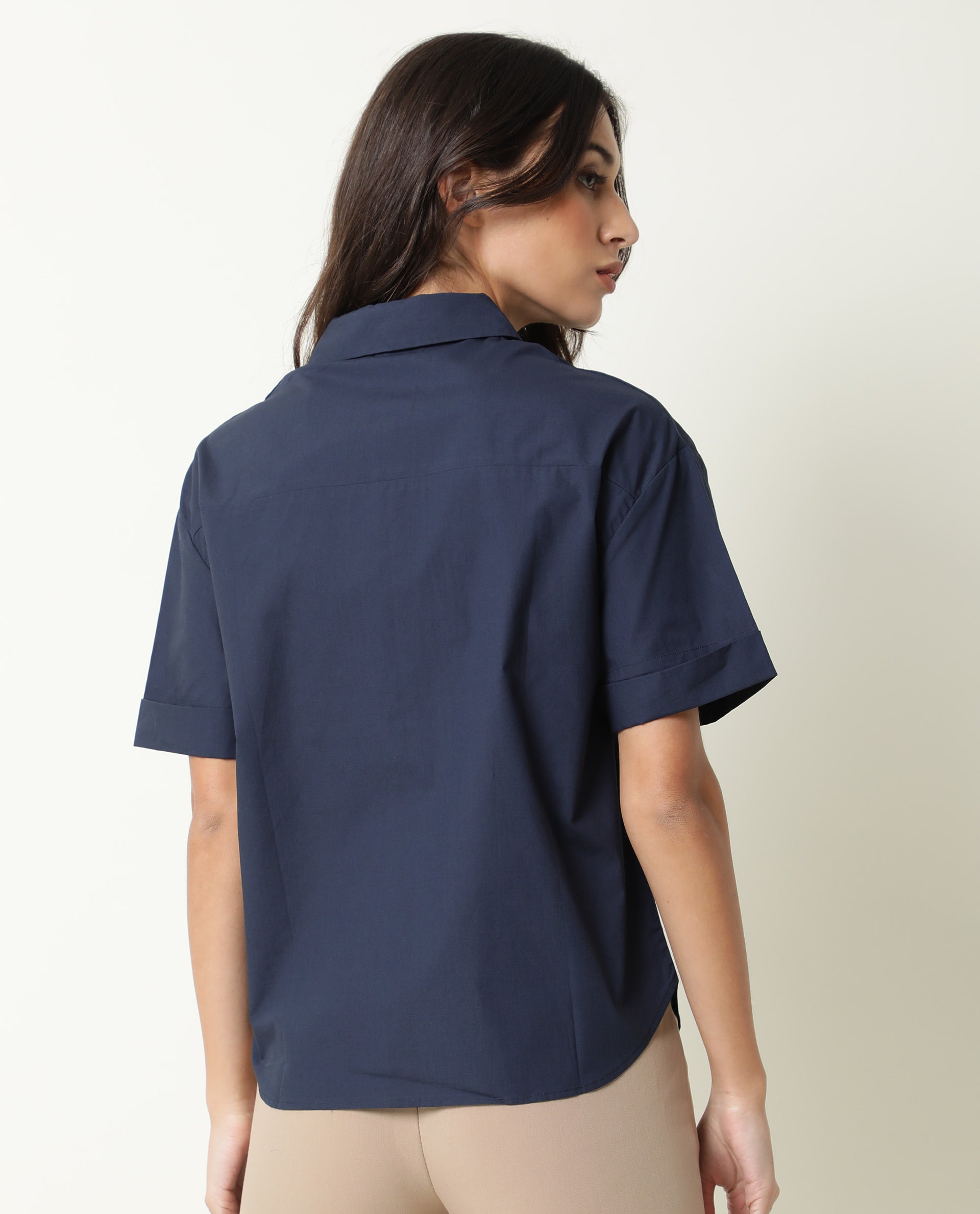 Rareism Women Vesh Navy Cotton Fabric Regular Fit Shirt Collar Half Sleeves Solid Top