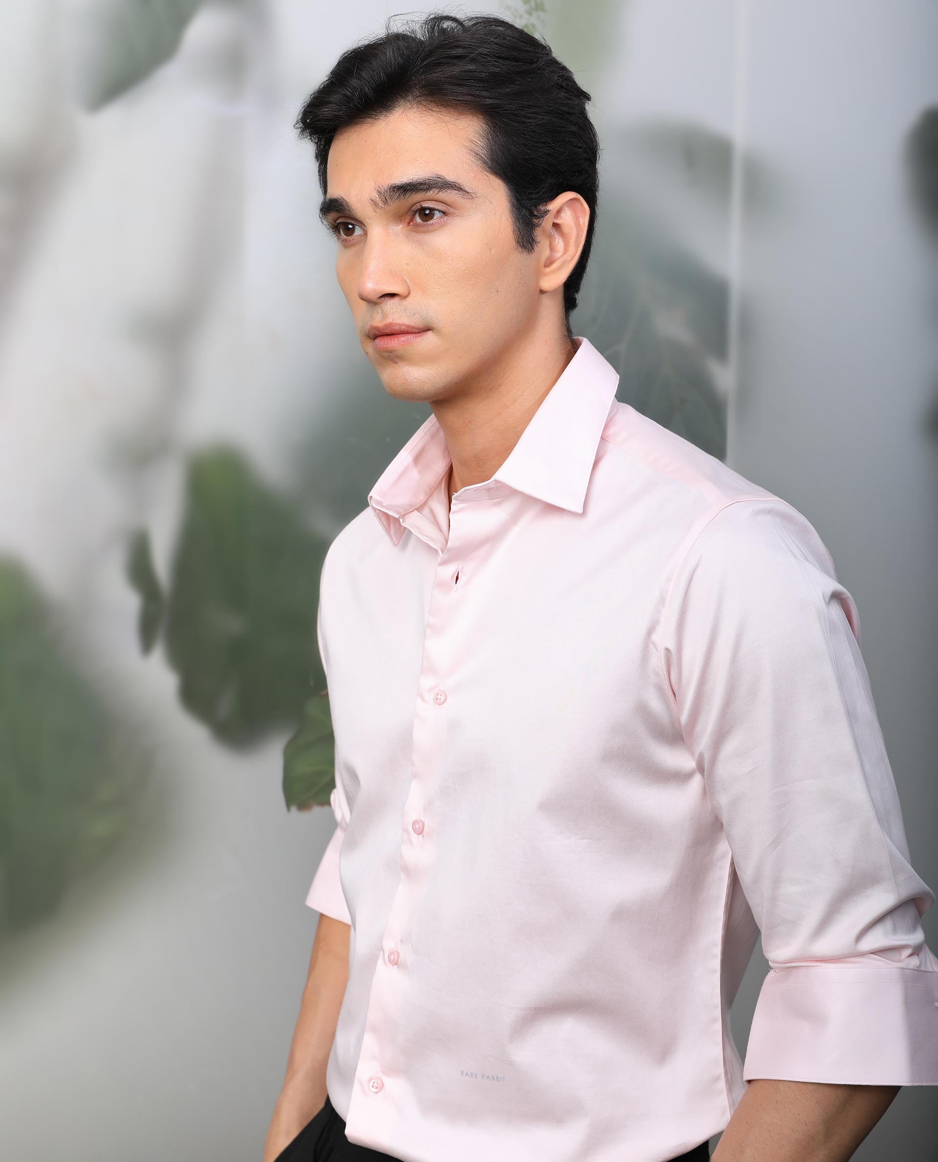 Rare Rabbit Mens Melton Pink Cotton Lycra Fabric Full Sleeves Tailored Fit Solid Shirt