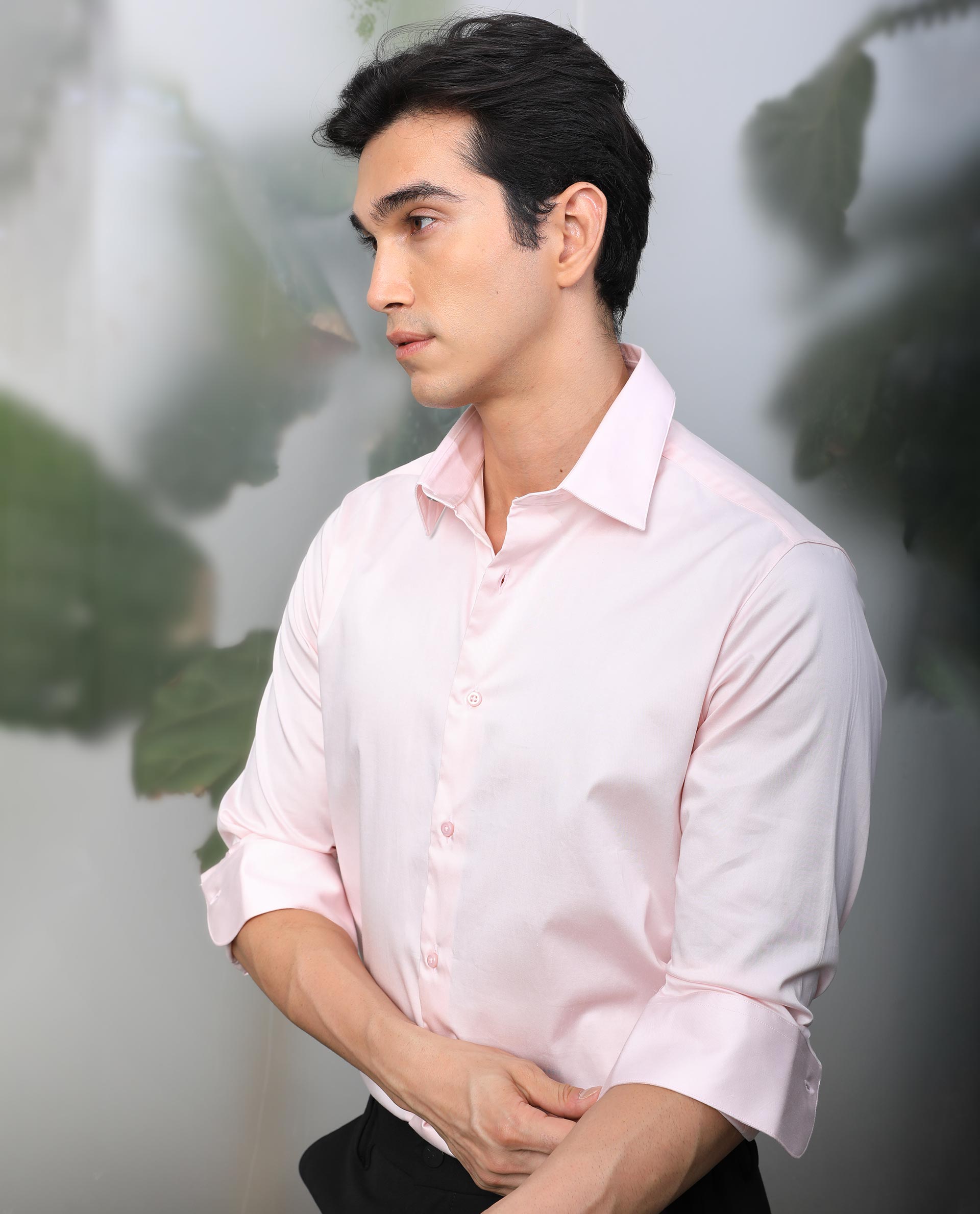 Rare Rabbit Mens Melton Pink Cotton Lycra Fabric Full Sleeves Tailored Fit Solid Shirt