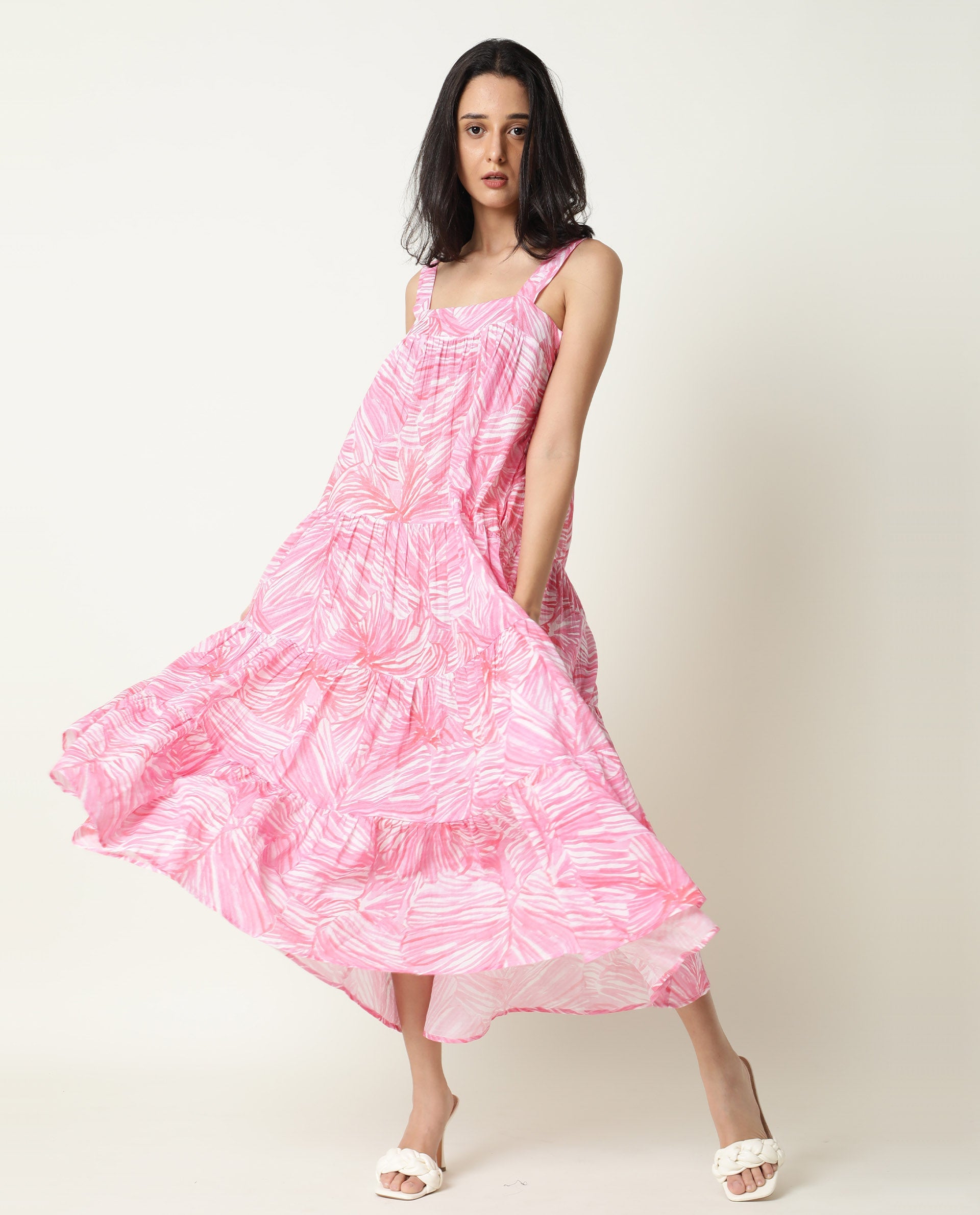 Rareism Women Toddle Pink Abstract Print Square Neck With Gathers With Broad Shoulder Straps And Pockets Midi Dress