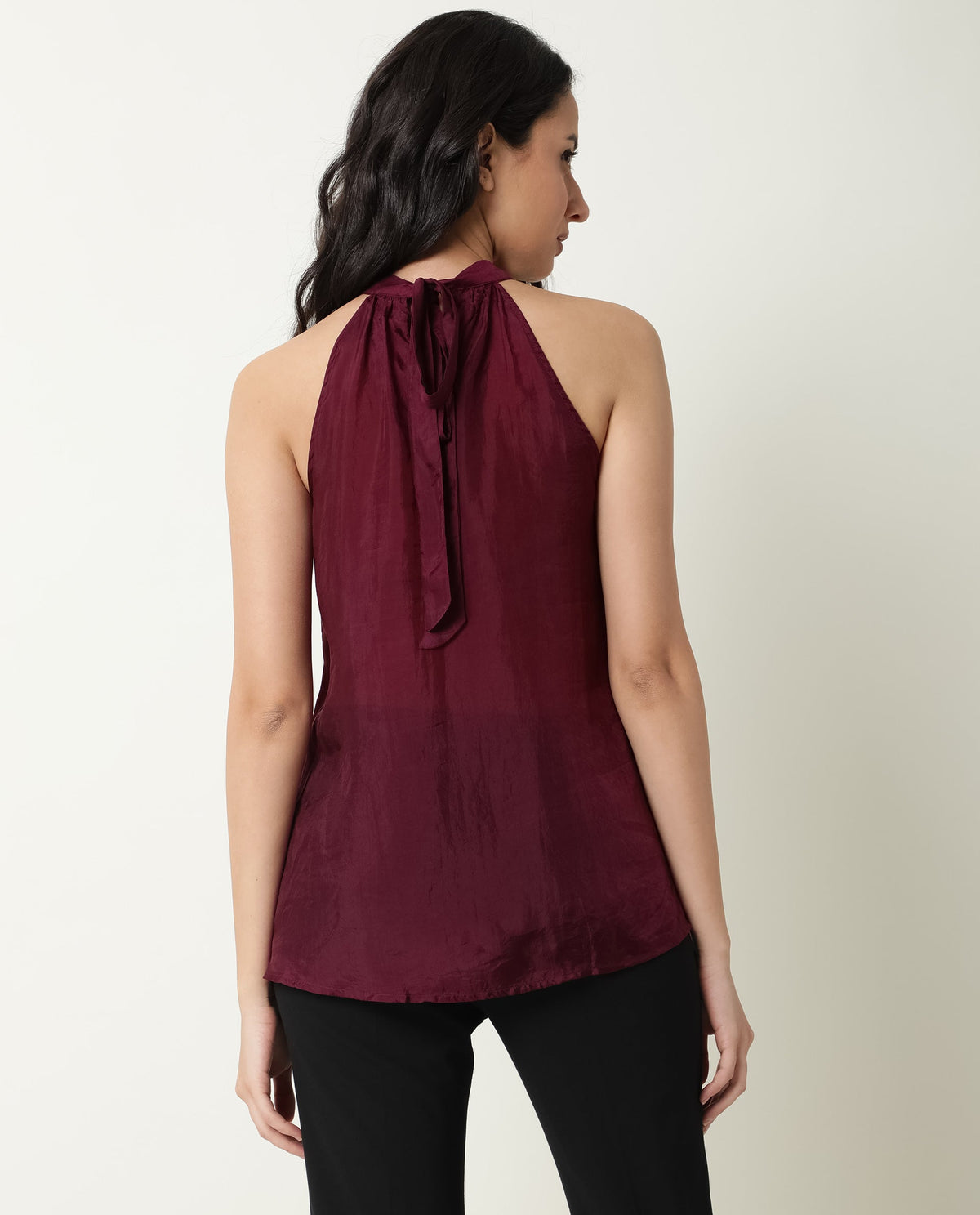 Rareism Womens Sahano Maroon Top Poly Viscose Fabric Sleeveless Halter Neck