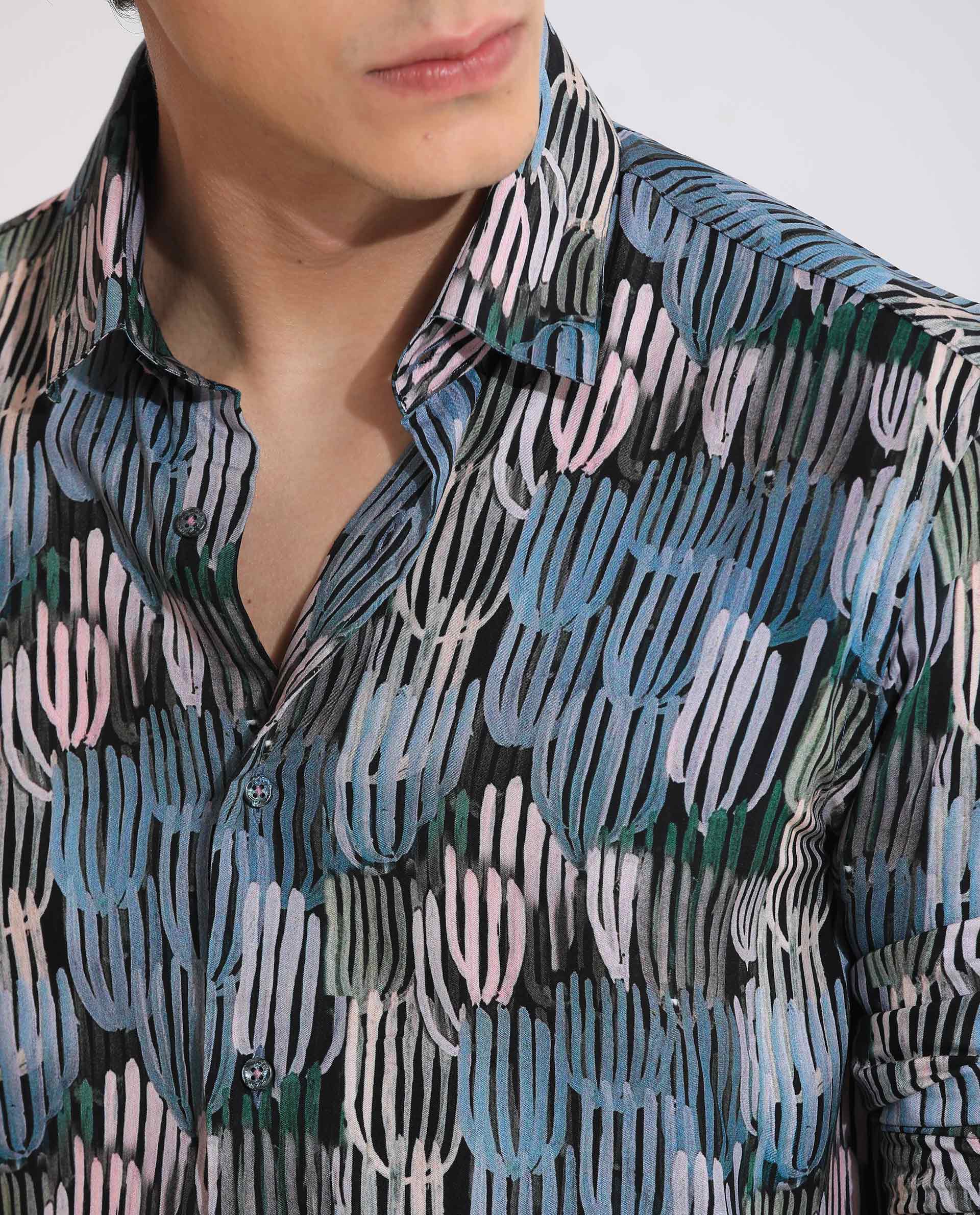 Rare Rabbit Men's Alvin Black Viscose Fabric Full Sleeves Abstract Print Regular Fit Shirt