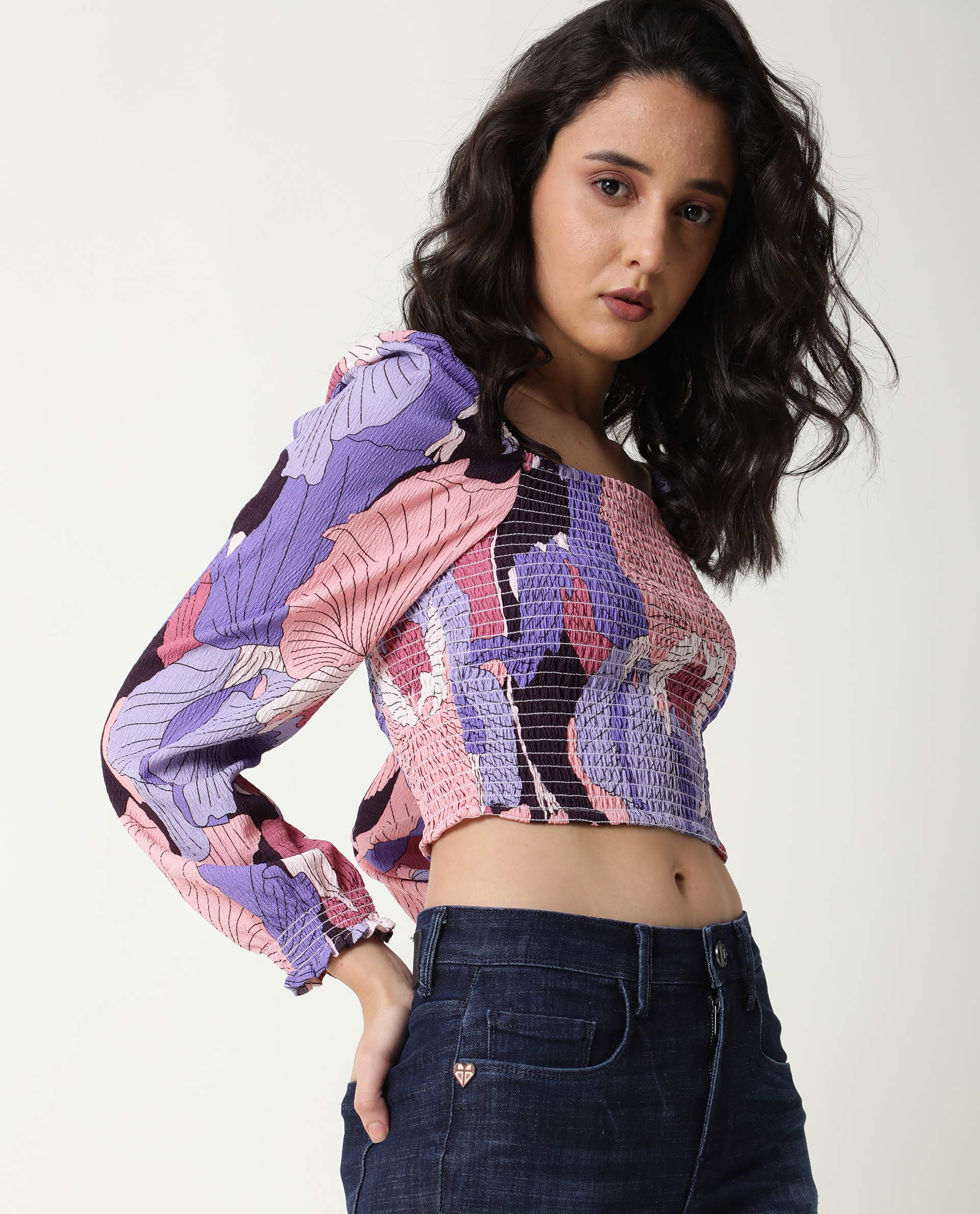 Rareism Womens Kohl Multi Top Polycotton Fabric Full Sleeve Square Neck