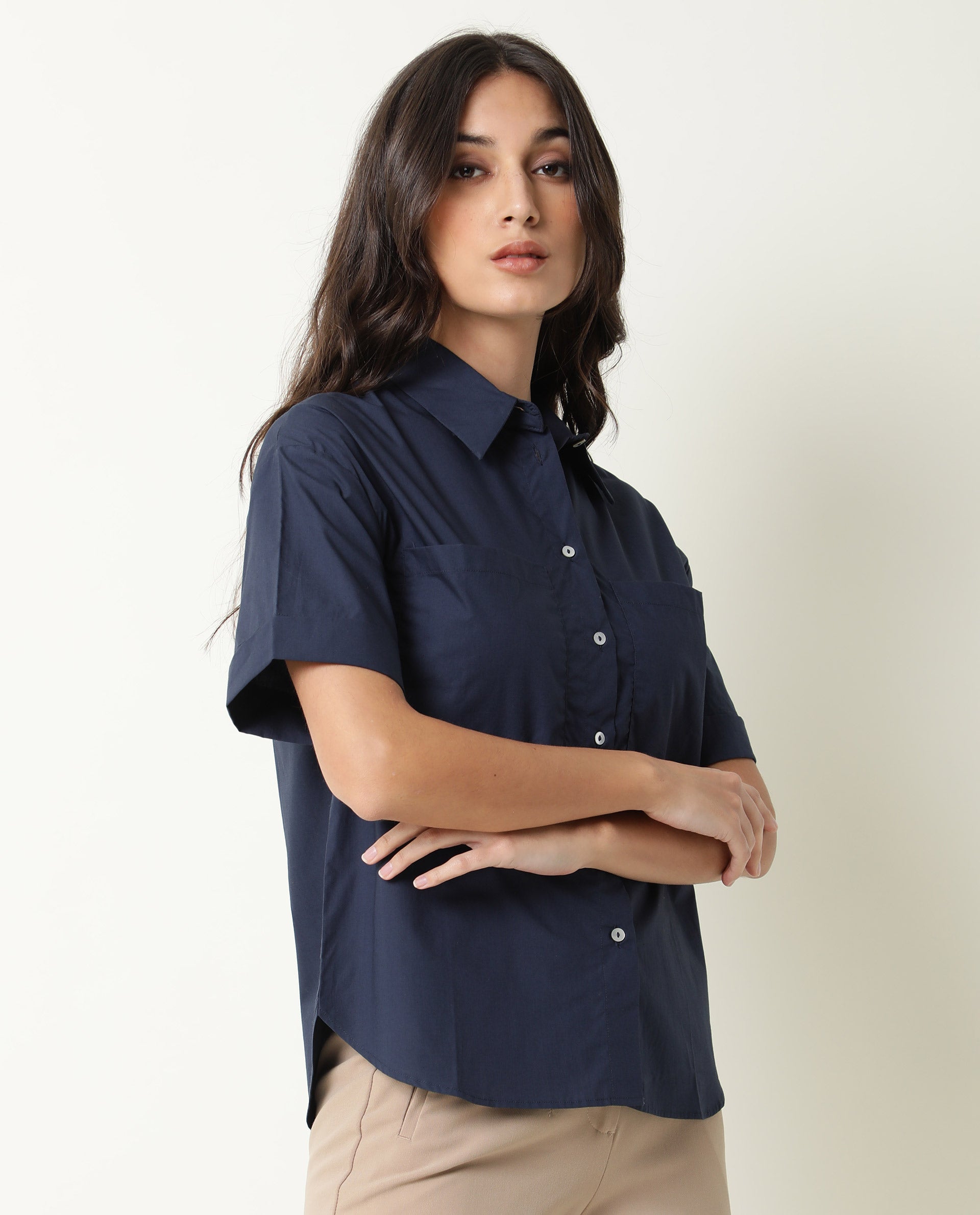 Rareism Women Vesh Navy Cotton Fabric Regular Fit Shirt Collar Half Sleeves Solid Top