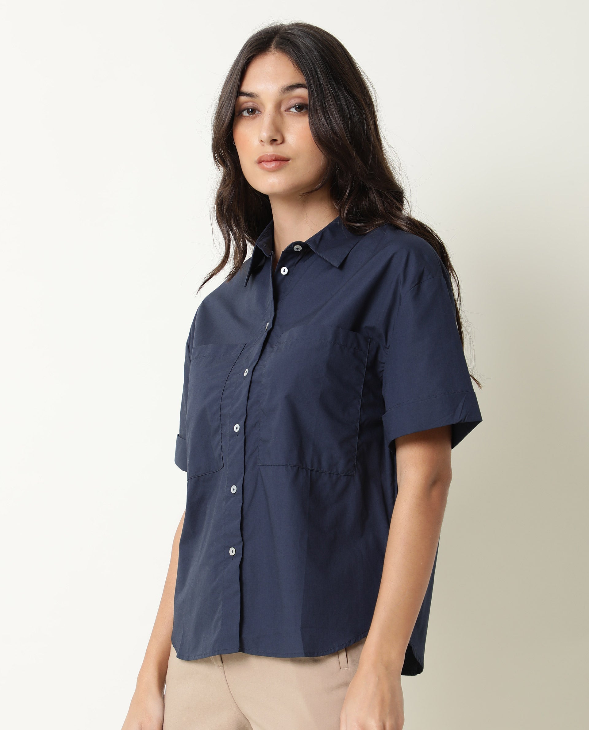 Rareism Women Vesh Navy Cotton Fabric Regular Fit Shirt Collar Half Sleeves Solid Top