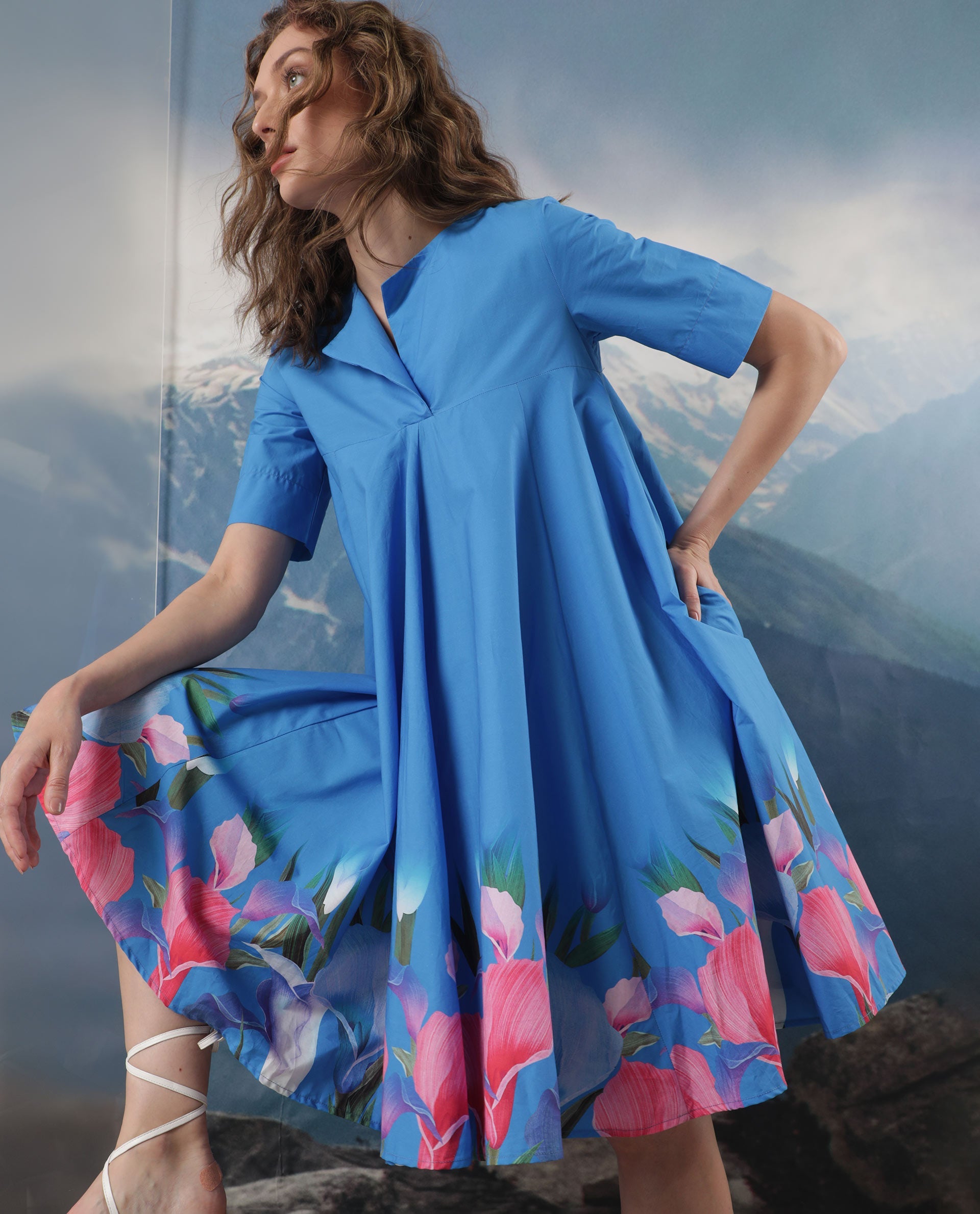 Rareism Women Xender Blue Floral Print Overlap Lapel Collar Half Sleeves With Pockets Flared Mini Dress