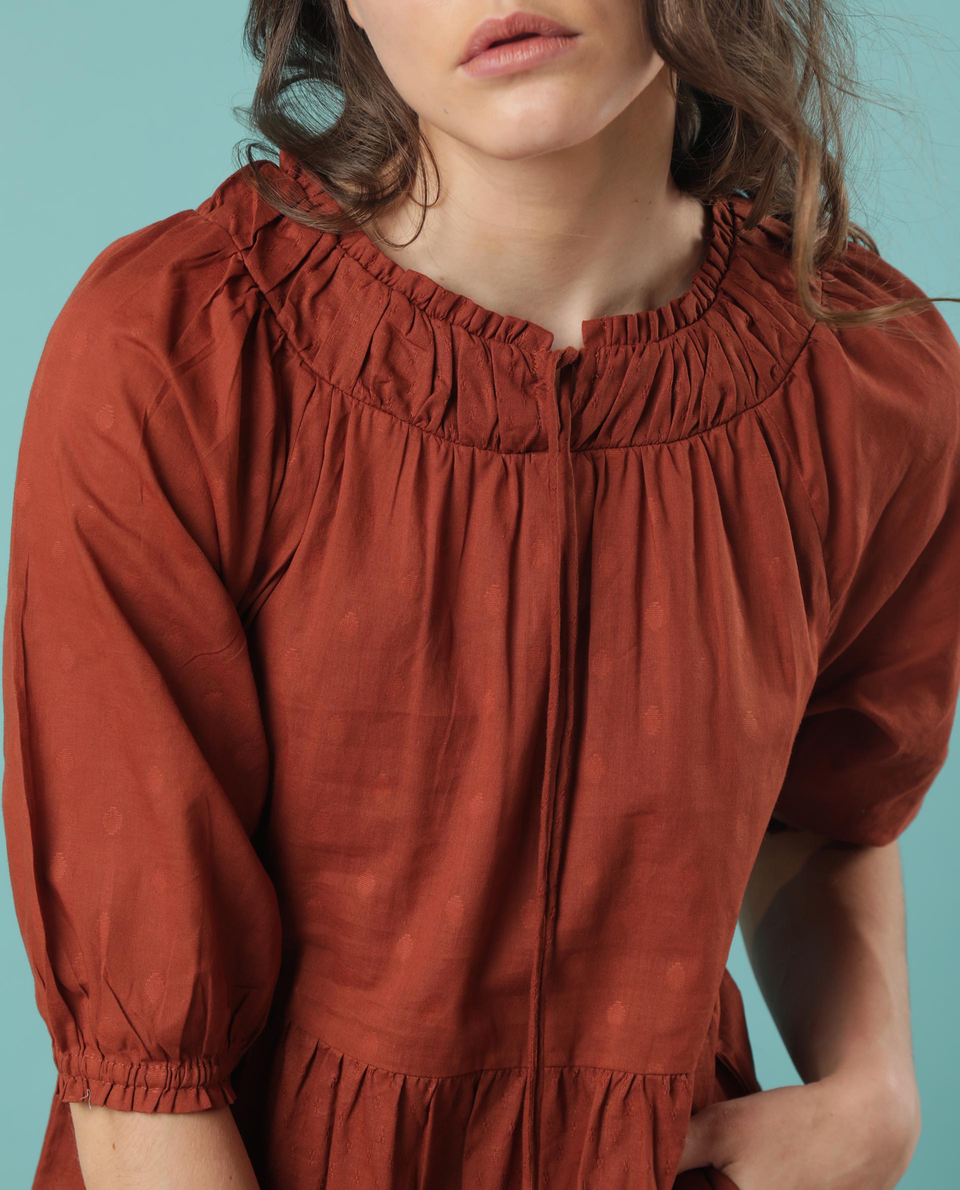 Rareism Women Myle Brown Gathered Neck With Front Tie Up Puff Sleeves And Pockets Tiered Maxi Dress