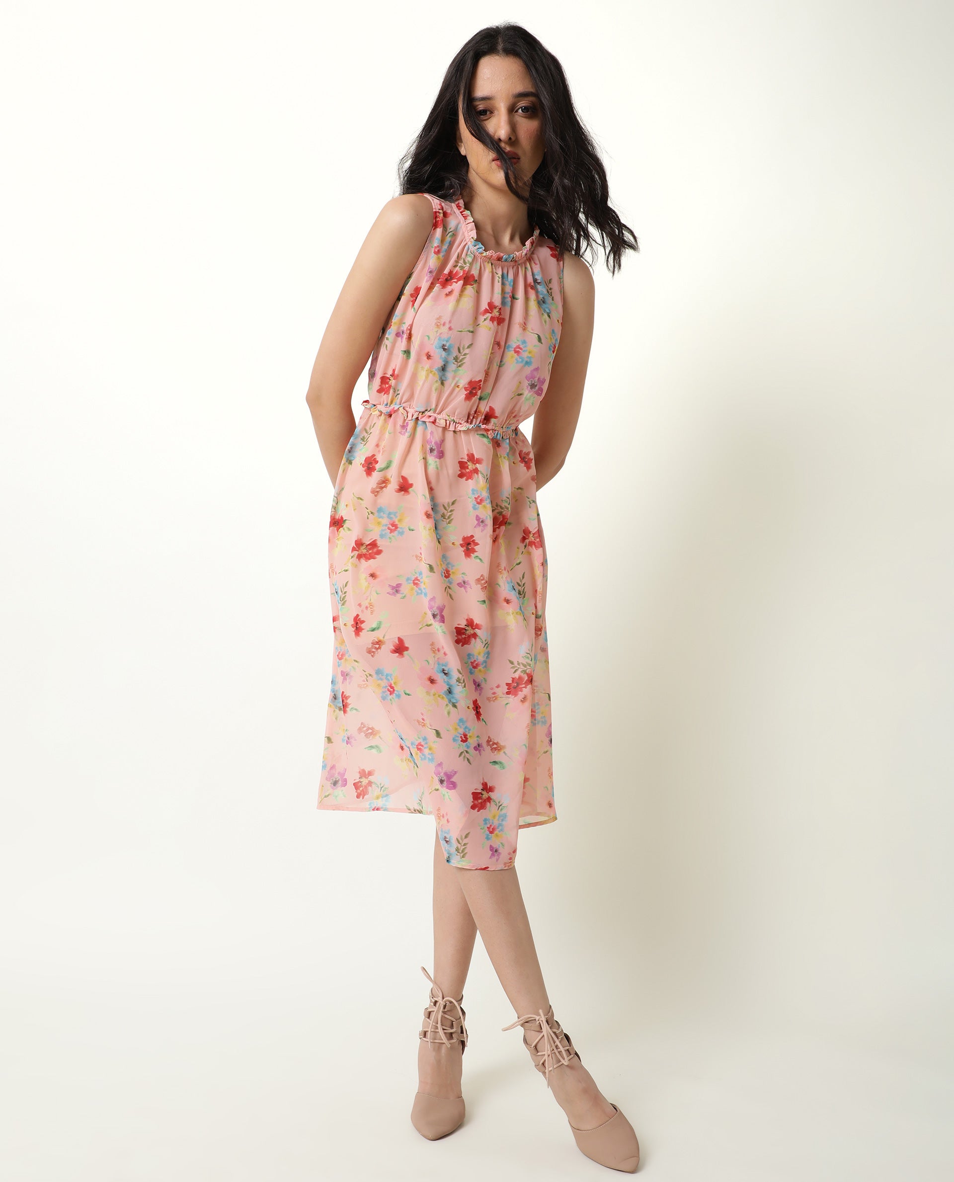 Rareism Women Sack Peach Floral Print Ruffled Round Neck And Waist Sleeveless Midi Dress