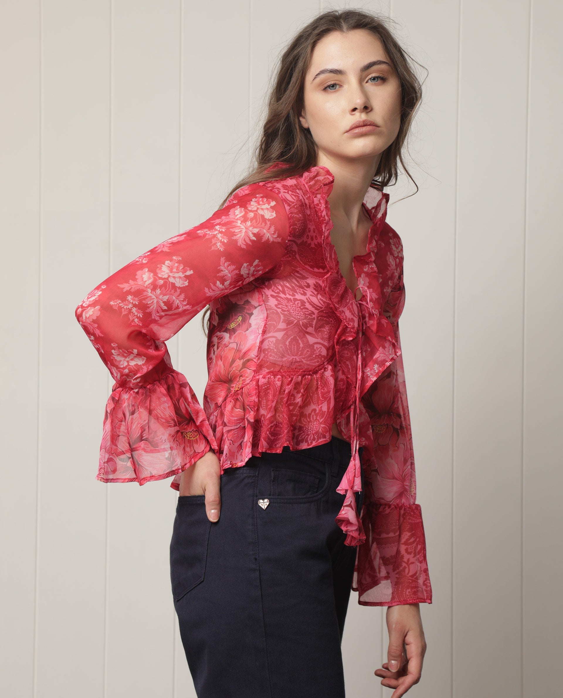 Rareism Women Myloh Maroon Polyester Fabric Full Sleeves Drawstring Closure V-Neck Bell Sleeve Regular Fit Floral Print Cropped Shrug