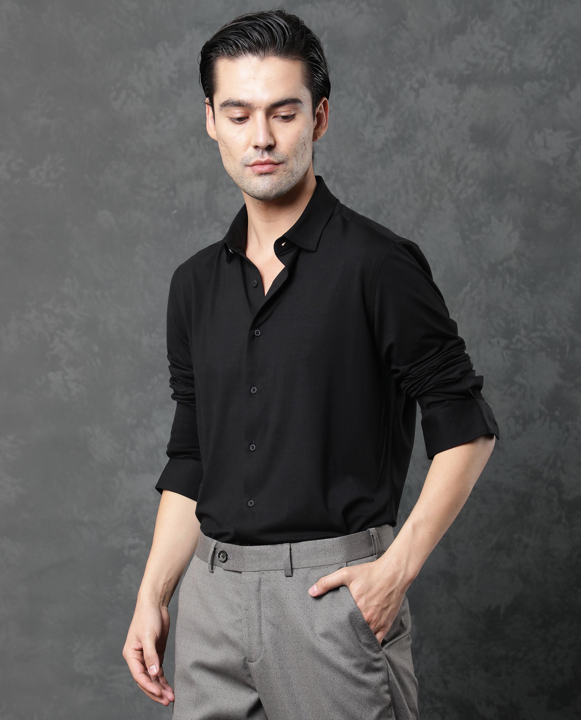 Rare Rabbit Men's Zaco Black Cotton Fabric Full Sleeves Regular Fit Solid Shirt