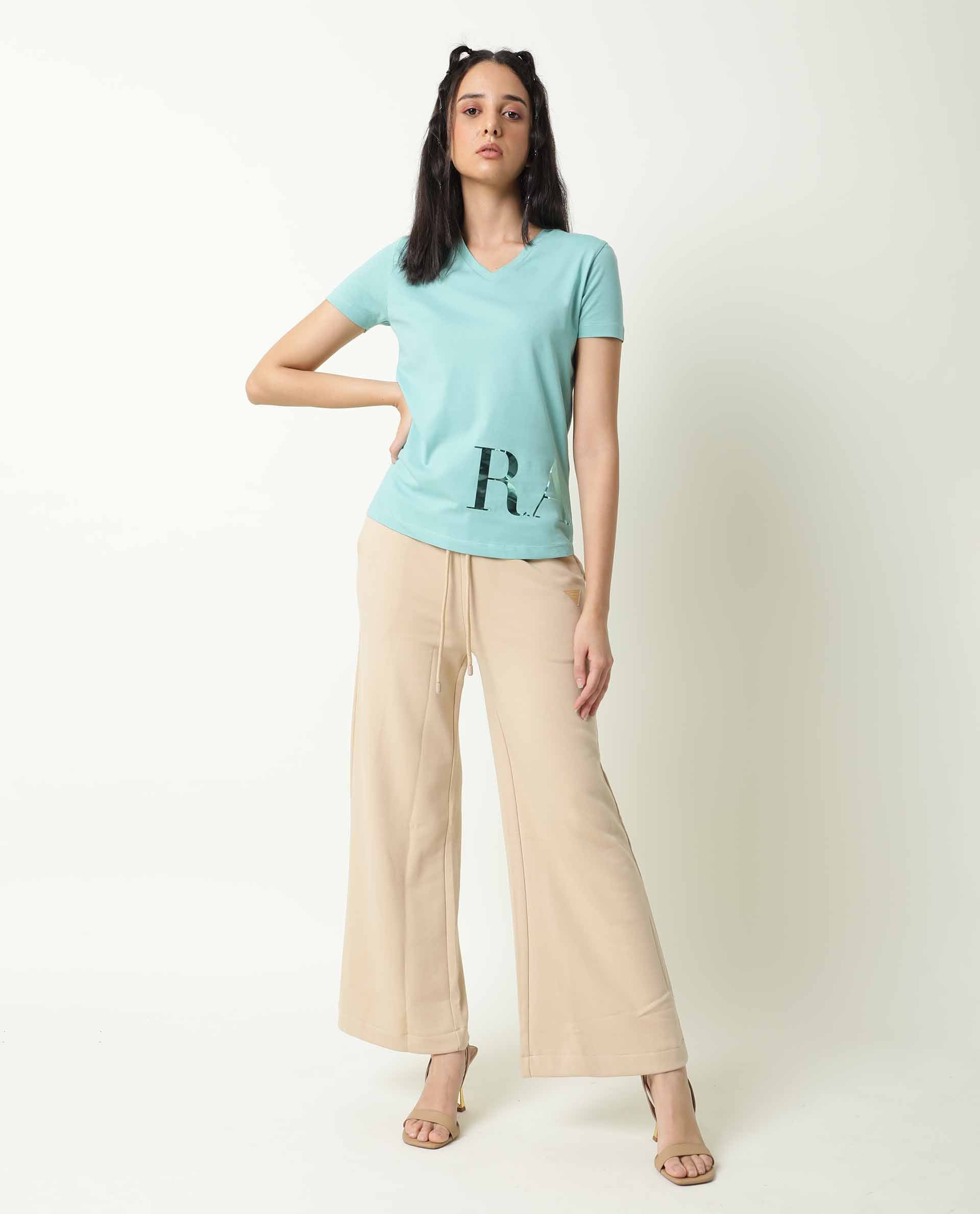 Rareism Women Donovan Green Cotton Fabric Regular Fit Half Sleeves Graphic Print Crew Neck T-Shirt