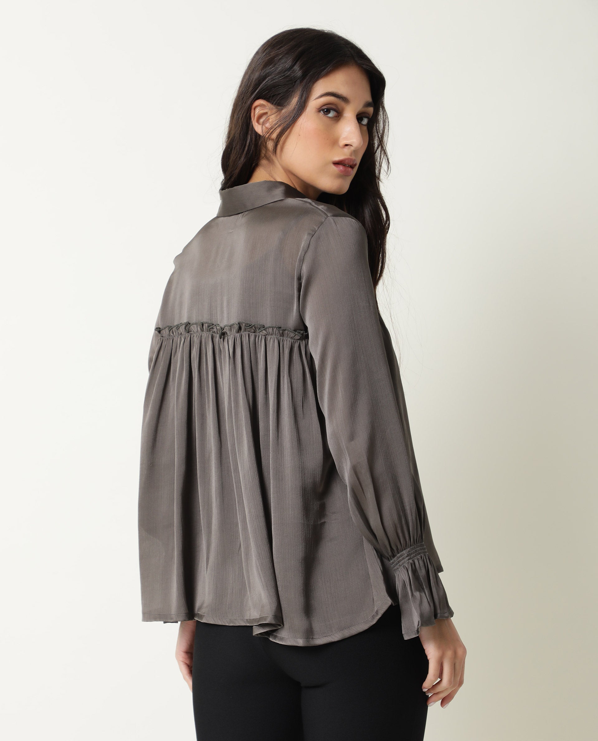 Rareism Womens Poetess Grey Top Polyester Fabric Full Sleeve Key Hole Neck