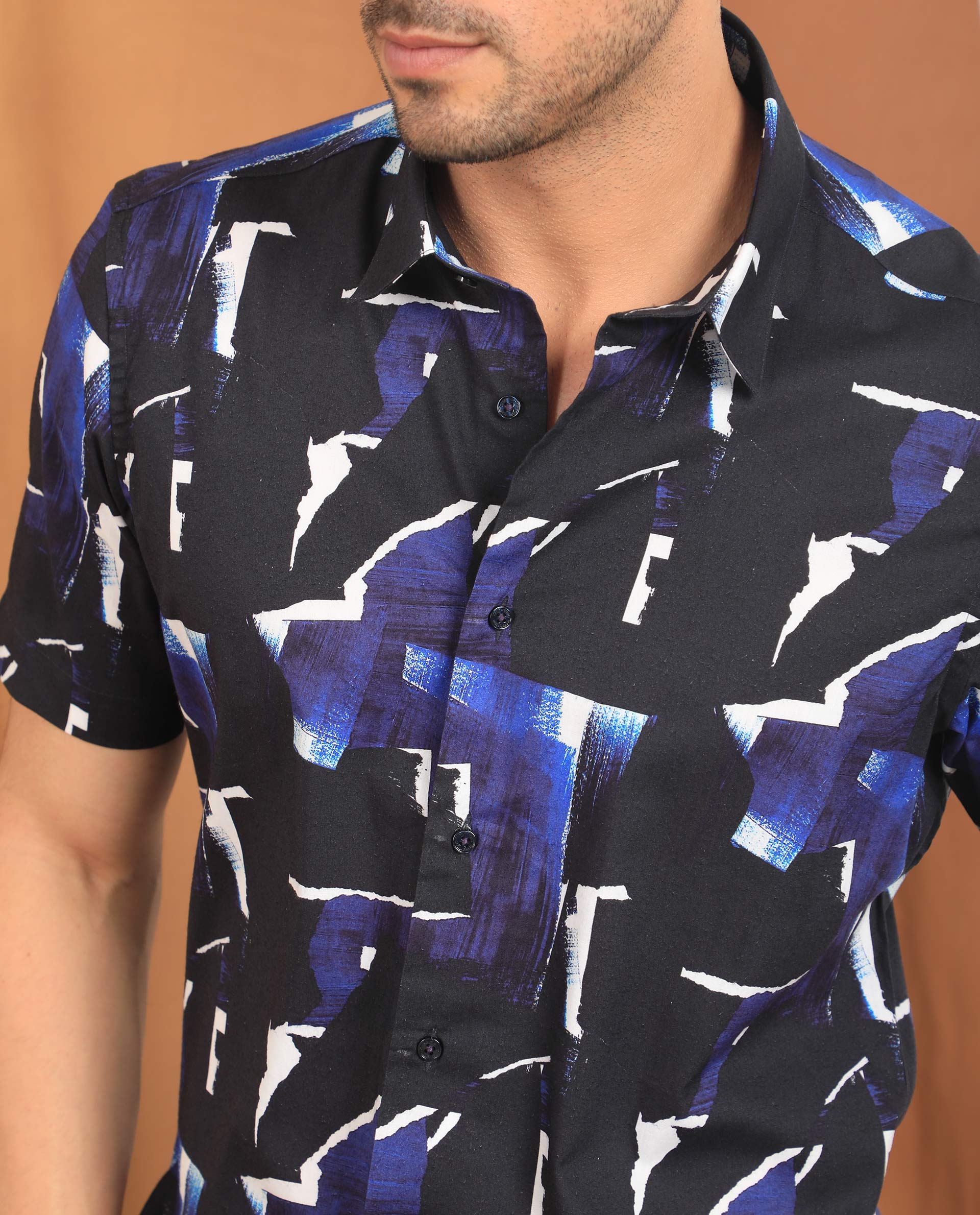 Rare Rabbit Men's Canva Blue Viscose Fabric Geometric Print Half Sleeves Shirt