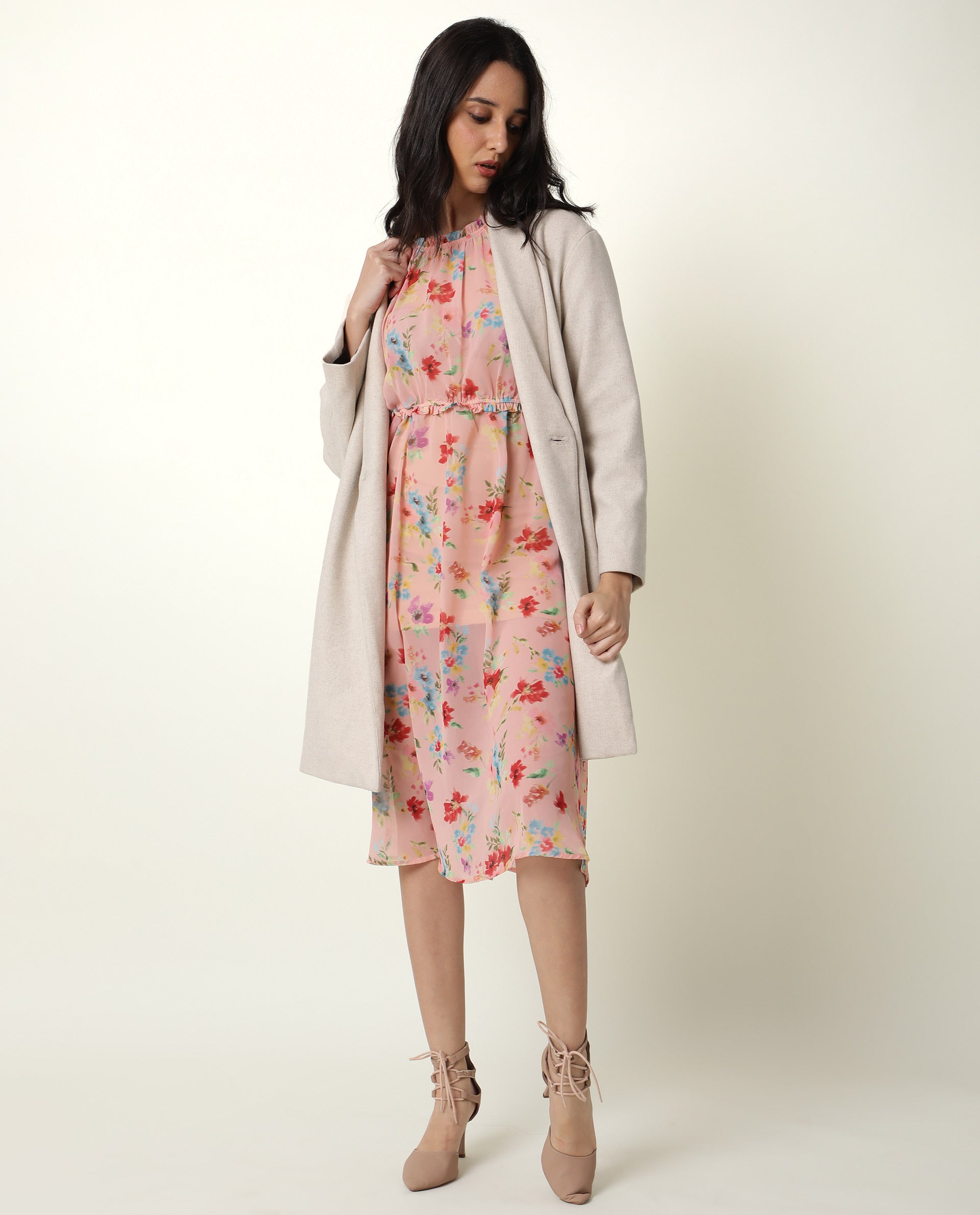 Rareism Women Sack Peach Floral Print Ruffled Round Neck And Waist Sleeveless Midi Dress