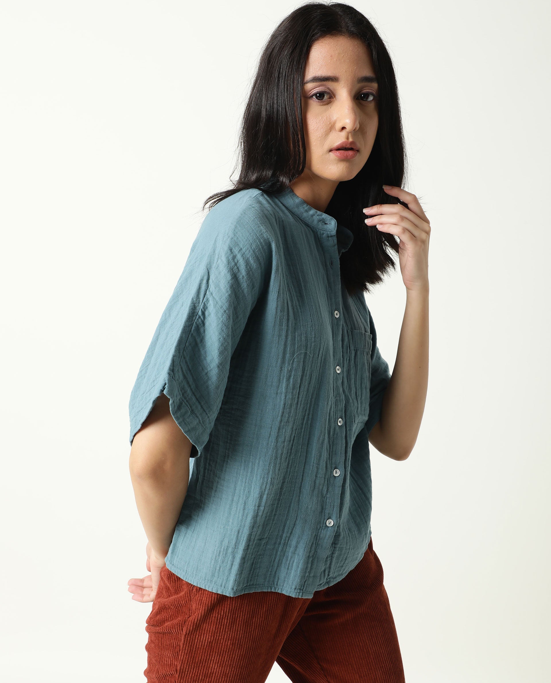 Rareism Womens Imro Green Top Cotton Fabric Regular Fit Regular Sleeves Mandarin Neck