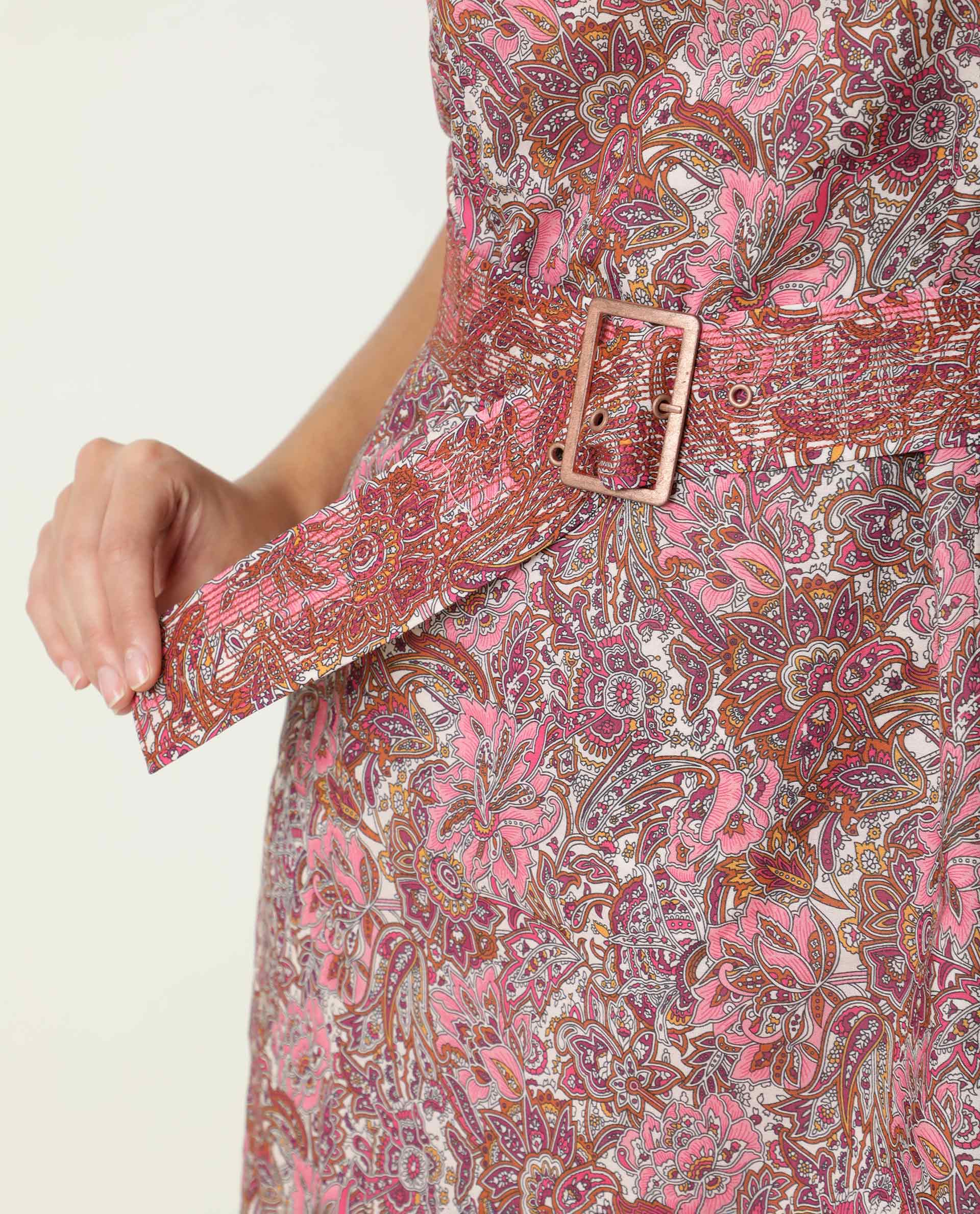 Rareism Women Palesa Pink Paisley Print Closed Round Neck Raglan Puff Sleeves Fabric Waist Belt Mini Dress