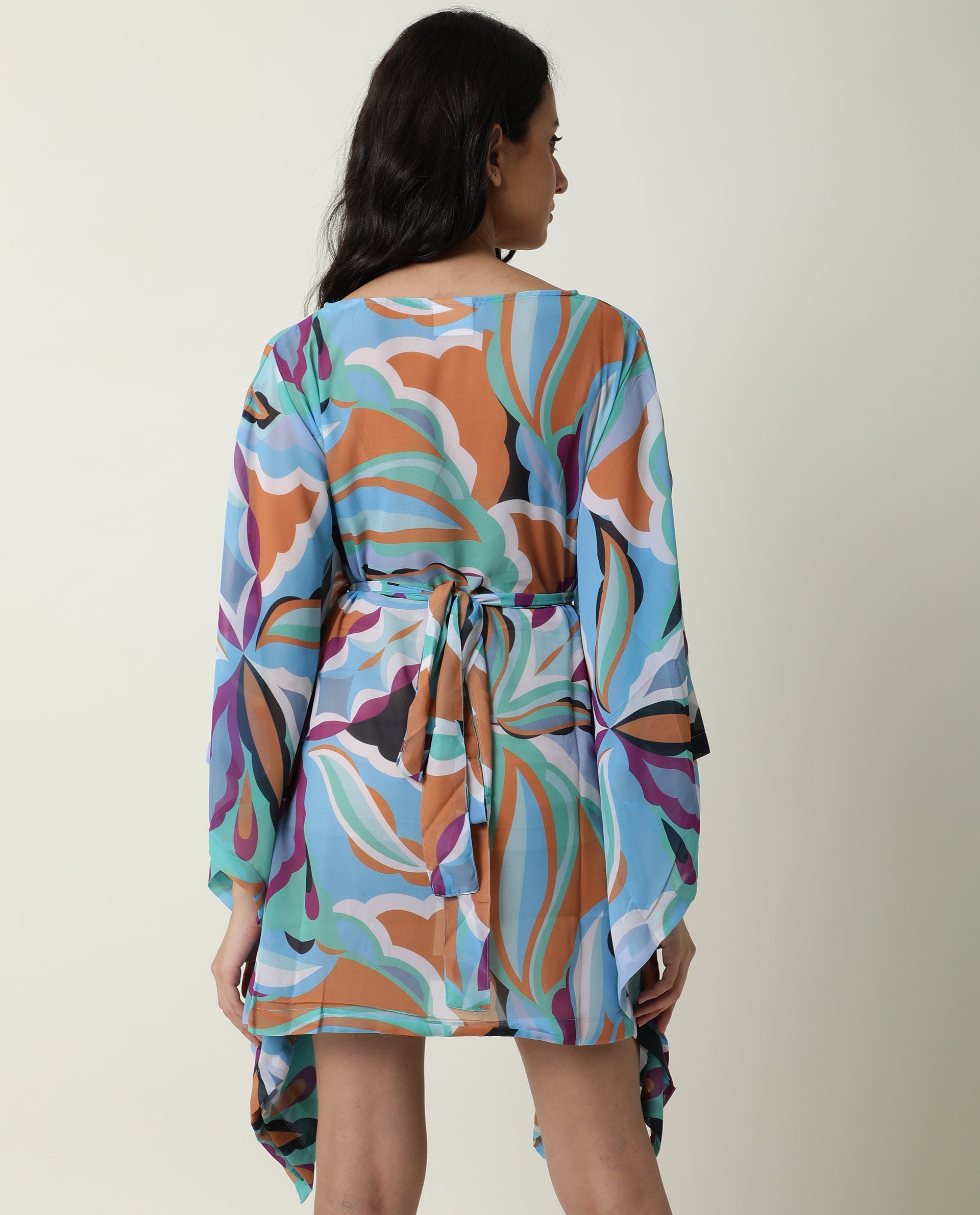 Rareism Women Meevio Multi Abstract Print Boat Neck Flared Sleeves Mini Dress